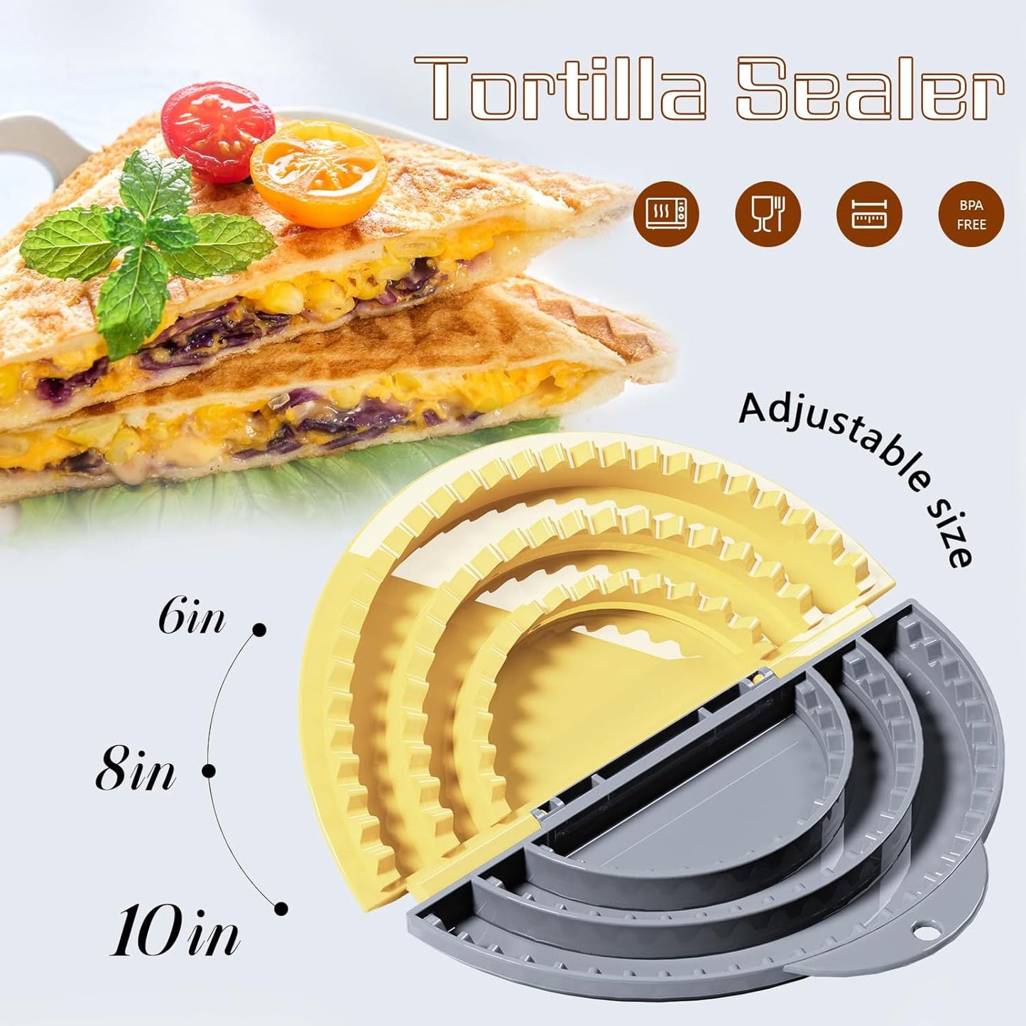Tortilla Sealer,SELERS,Tacos tortilla crimper Maker Large,Removable & Adjustable 6"-8''-10" Crust,For Burritos,Pasties,Tortilla,Dumplings,Sandwich,Grey Yellow
