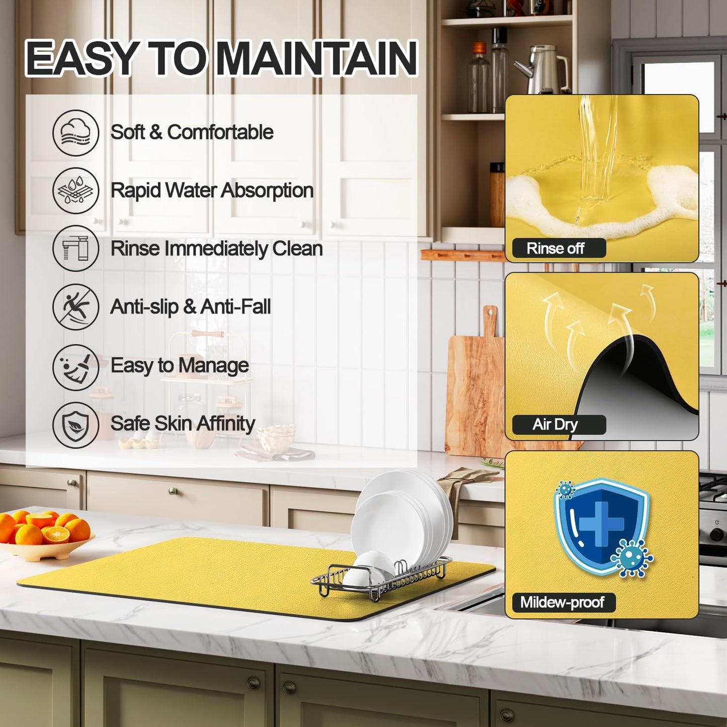 Dish Drying Mat for Kitchen Counter | Coffee Bar Mat for Countertops | Heat Resistant Drainer Mat with Non-slip Rubber Backed | Hide Stain Kitchen Absorbent Draining Mat | Yellow 16"x18"