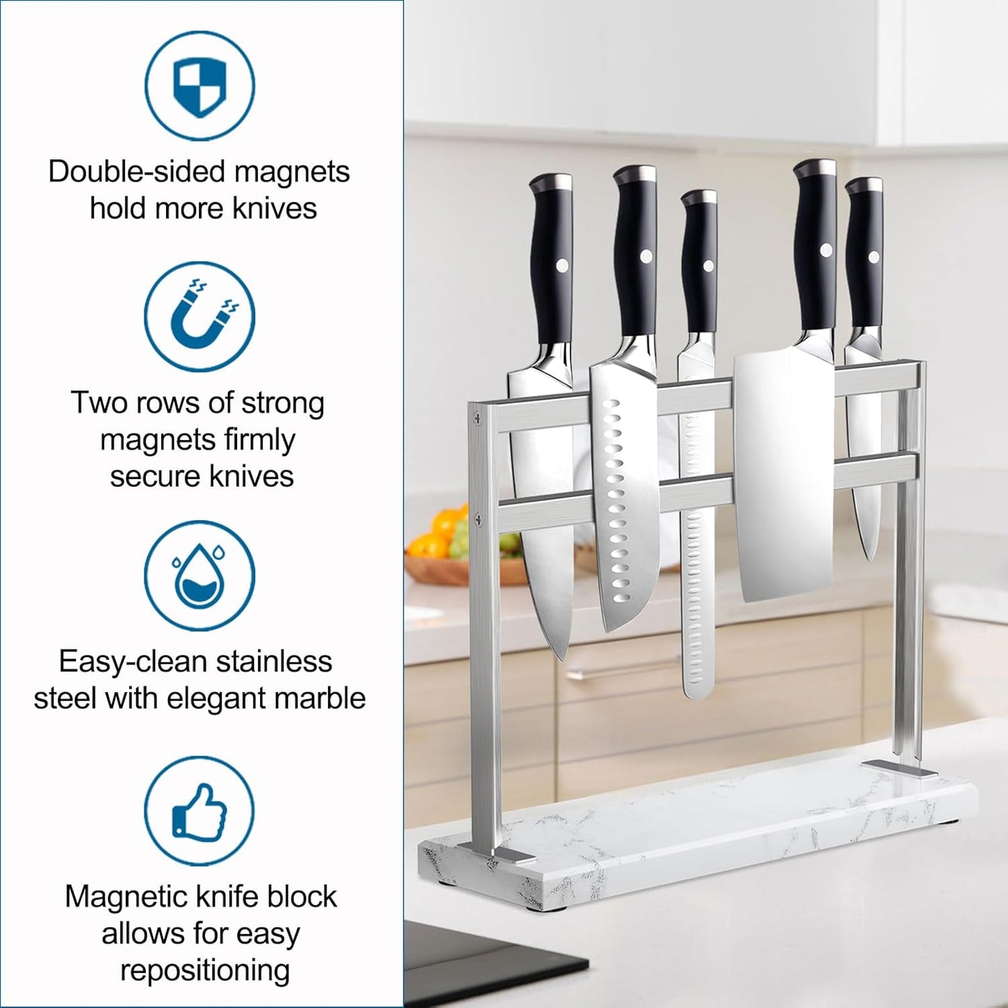 YIIYIIN Magnetic Knife Block with Marble Base - Double Sided Magnetic Knife Stand - Magnetic Knife Holder - Kitchen Knife Storage - Knife Holders for Counter Top - Marble White