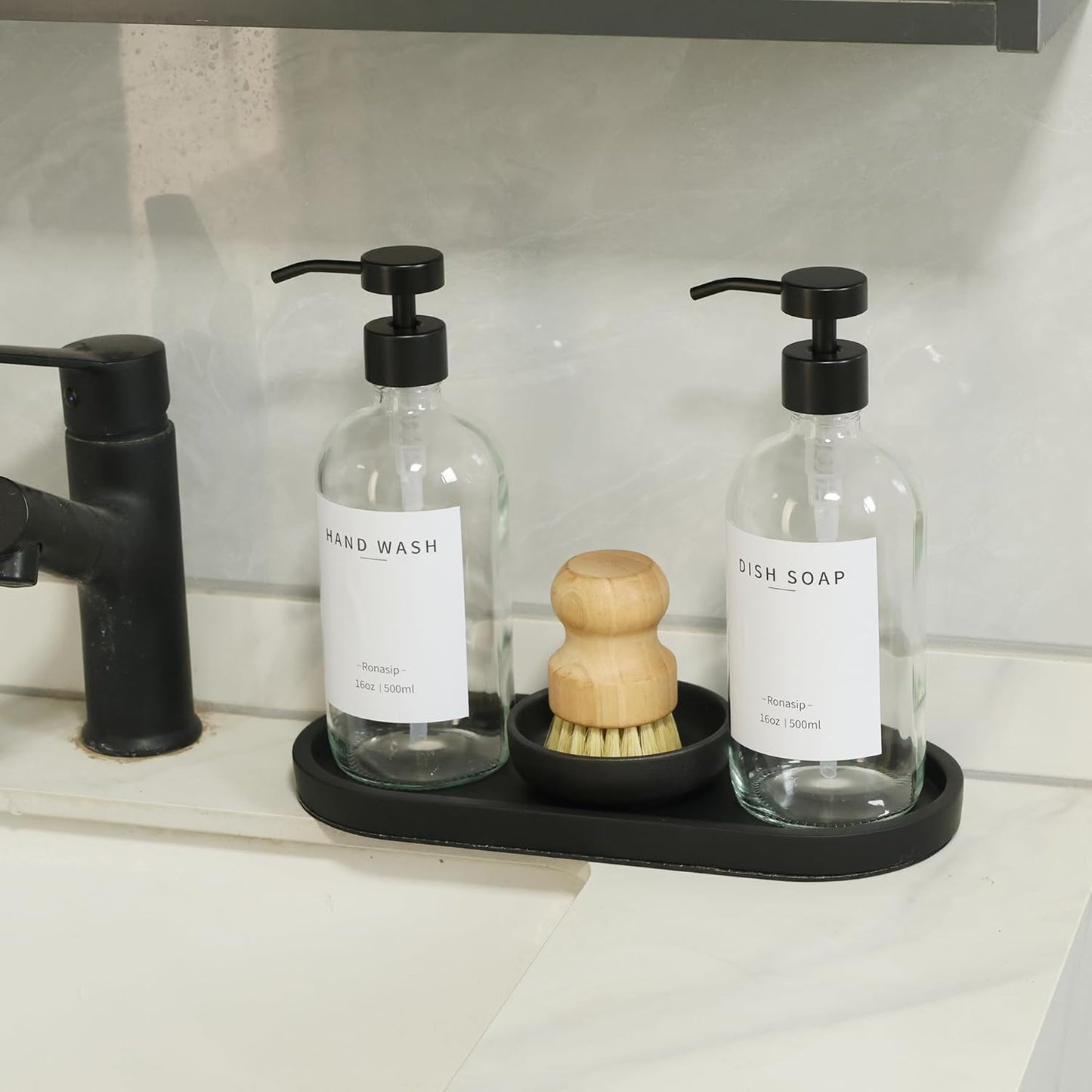 Set of 5 Kitchen Soap Dispenser Set 16 Oz Glass Hand Dish Soap Dispenser with Stainless Steel Pump, Cement Tray, Dish Scrub Brush for Farmhouse Rustic Home Bathroom Decor (Transparency)