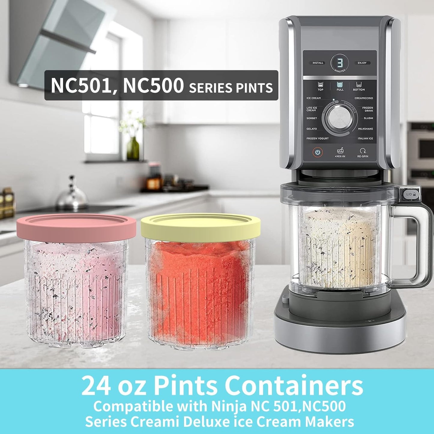 Replacement for Ninja Creami Pints and Lids - 4 Pack NC501, Compatible with Ninja NC501 NC500 Series Creami Deluxe ice Cream Makers, Containers with Leak Proof Lids, Dishwasher Safe