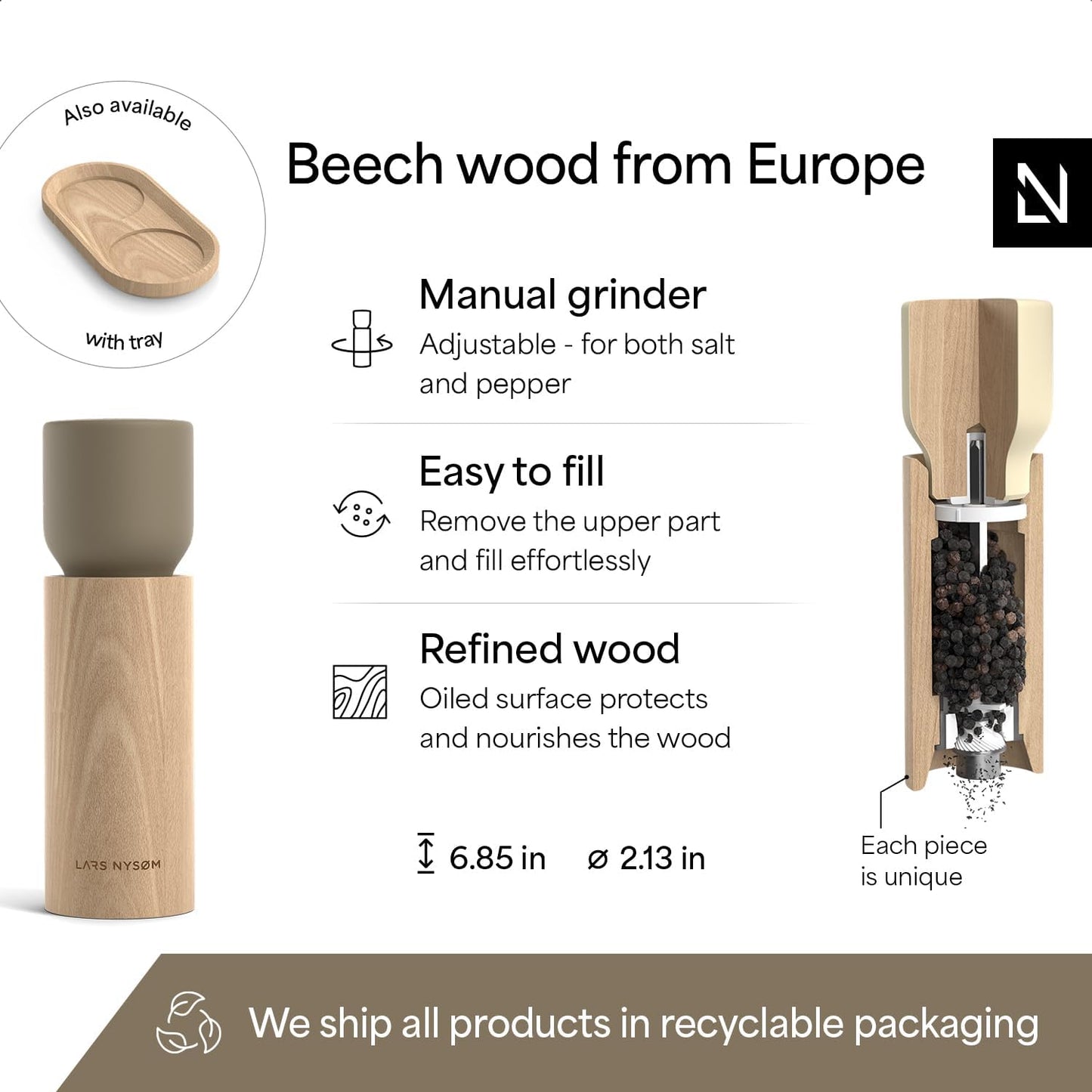 LARS NYSØM Wooden Salt and Pepper Grinder Set Manual - Salt and Pepper Mills with Adjustable Ceramic Grinder - Elegant Beechwood Pepper and Salt Mill Set for Dining Table (Brown/Beige)