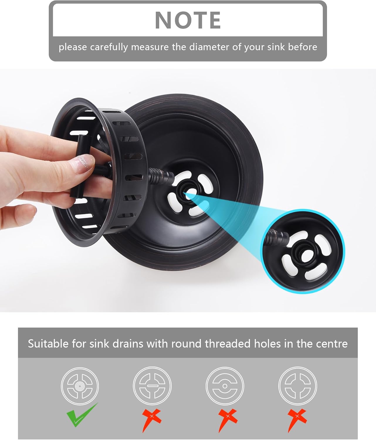 KONE Kitchen Sink Stopper Strainer Replacement for Standard 3-1/2 Inch Spin and Seal Drains with Threaded Stopper Function, Stainless Steel Sink Strainer, Black Twist Lock Basket Strainer Replacement