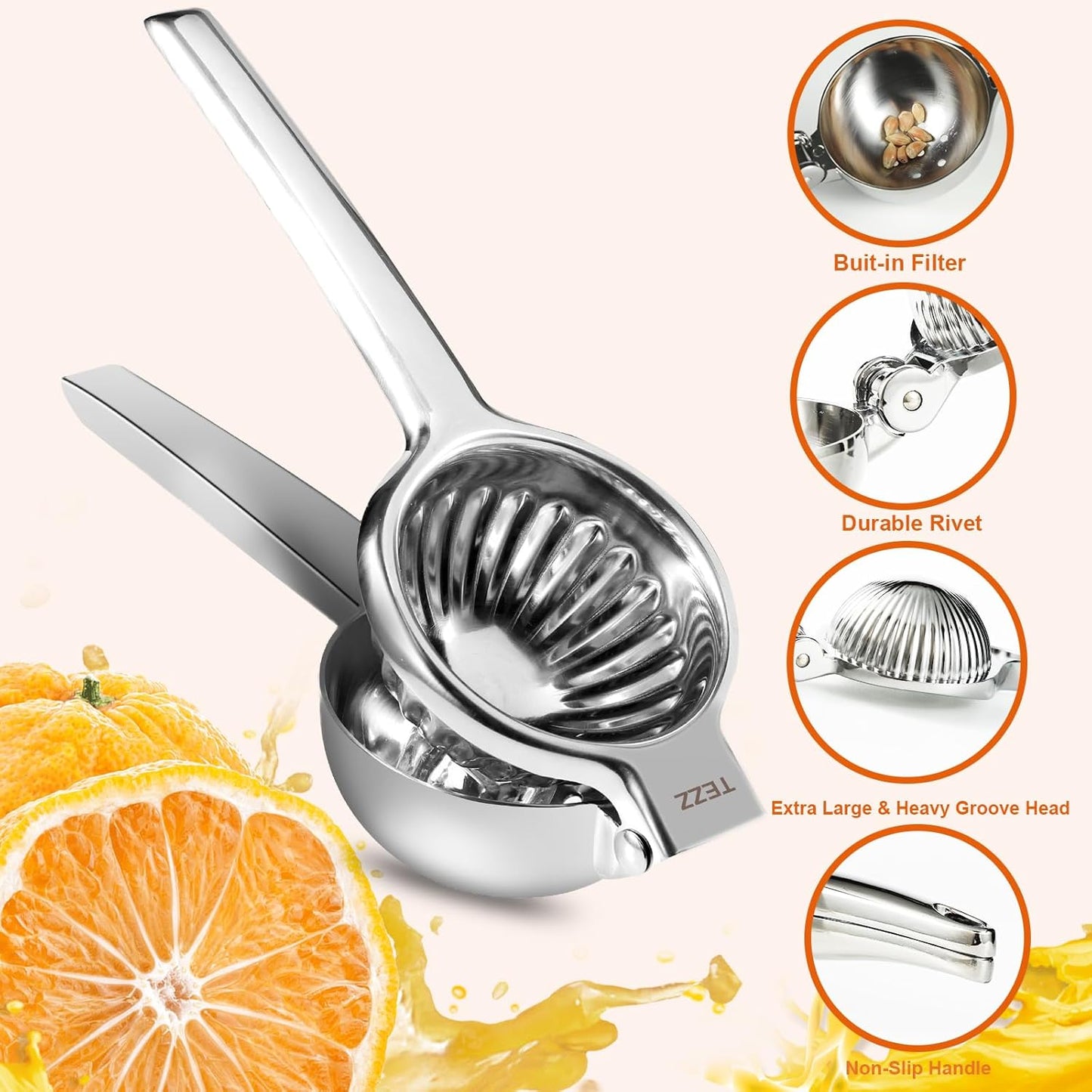 TEZZ Upgrated Extra Large Lemon Squeezer, Heavy Duty Handhelp Orange Juicer with 3.47'' extra big Filter Bowl, Stainless Steel Hand Press Citrus Juicer, Lime Squeezer Bar Tool, Manual Citrus Press