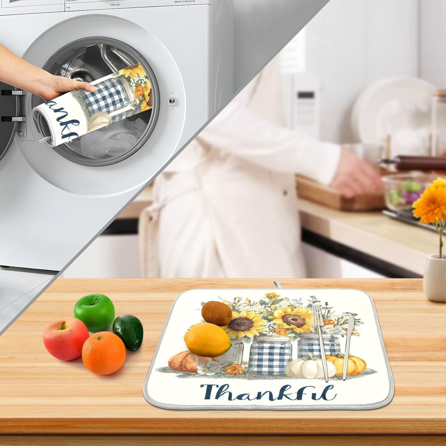 Autumn Pumpkin and Sunflower Floral Vase Dish Drying Mat for Kitchen Counter Absorbent Microfiber Large Drying Pad Dish mats for Kitchen Countertops 18 x 24 Inch