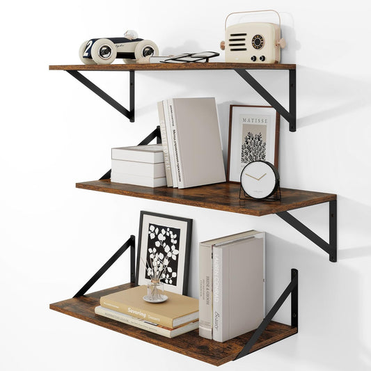 Heimlove 24" W x 12" D Wall Shelves for Books, 12 Inch Deep Floating Shelves Set of 3, Wide Floating Bookshelf with Metal Bracket for Living Room, Kitchen, Office, Bedroom and Decor - Rustic Brown