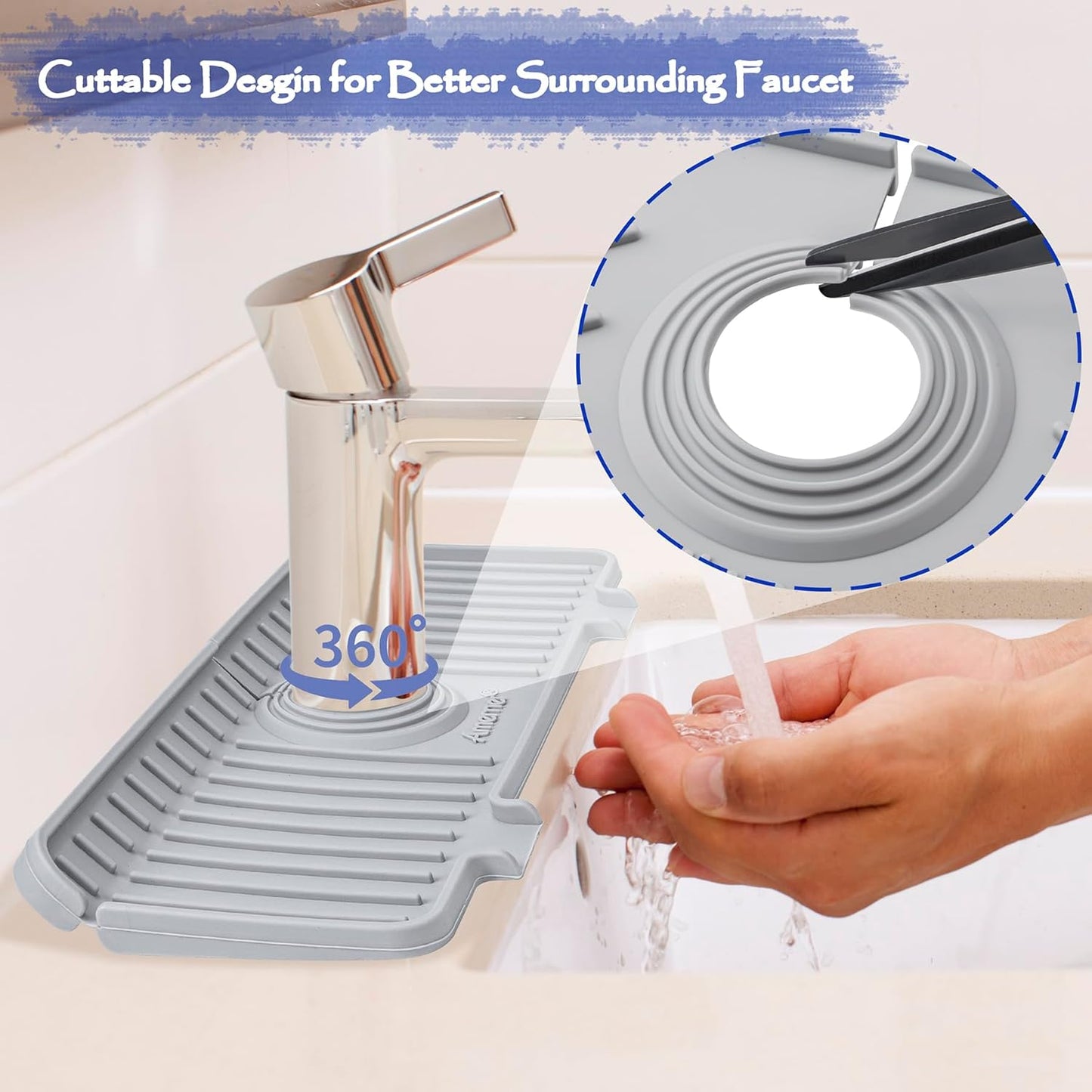 Kitchen Sink Splash Guard, Silicone Faucet Guard & Draining Mat, 10° Large Slope Sink Faucet Mat Splash Guard, Bathroom Sink Organizer, Kitchen Sink Accessories Gadgets, 14.2” x 5.1”, Gray