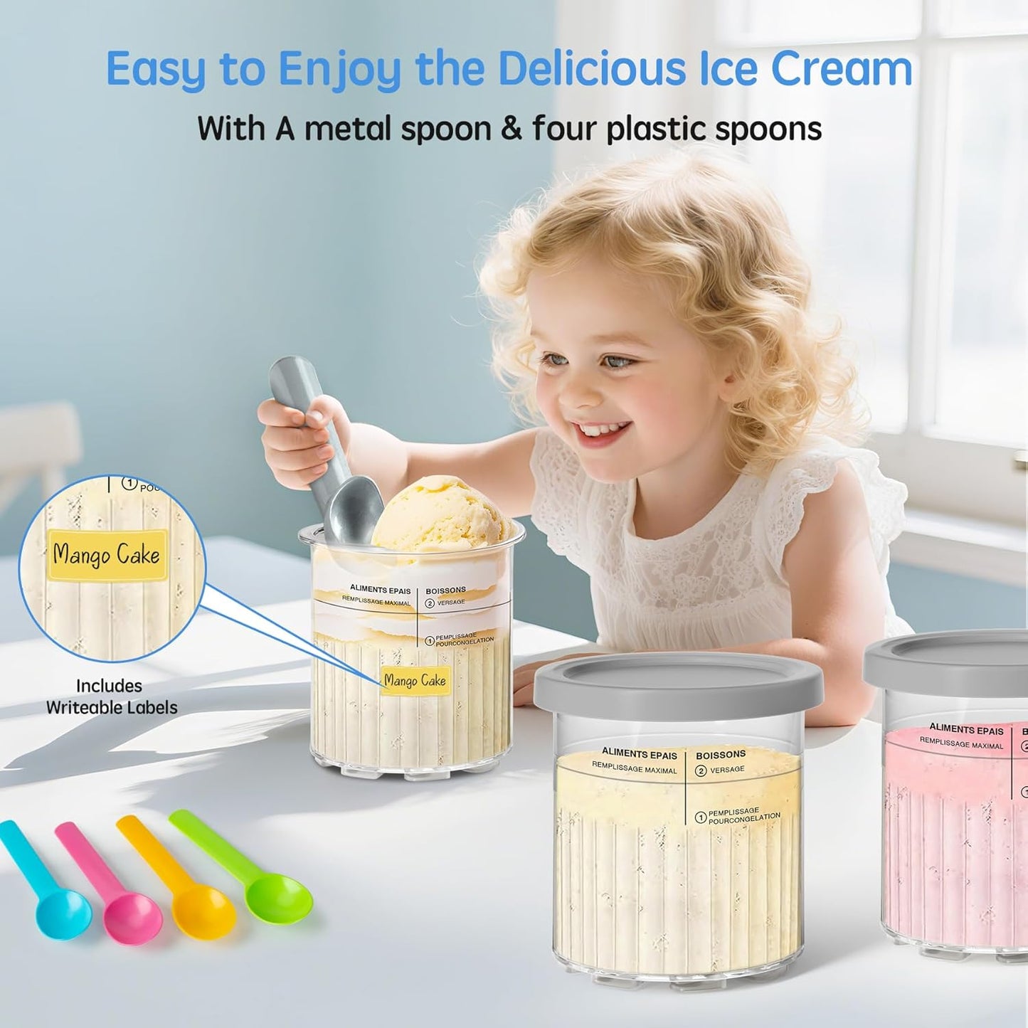 GuanQiao 4 Pack Creami Deluxe Pints & Lids for Ninja, 24 Oz Compatible with NC500 NC501 Series Ice Cream Makers, with 4 Spoons & 64 Writable Labels, BPA-Free & Dishwasher Safe, Grey