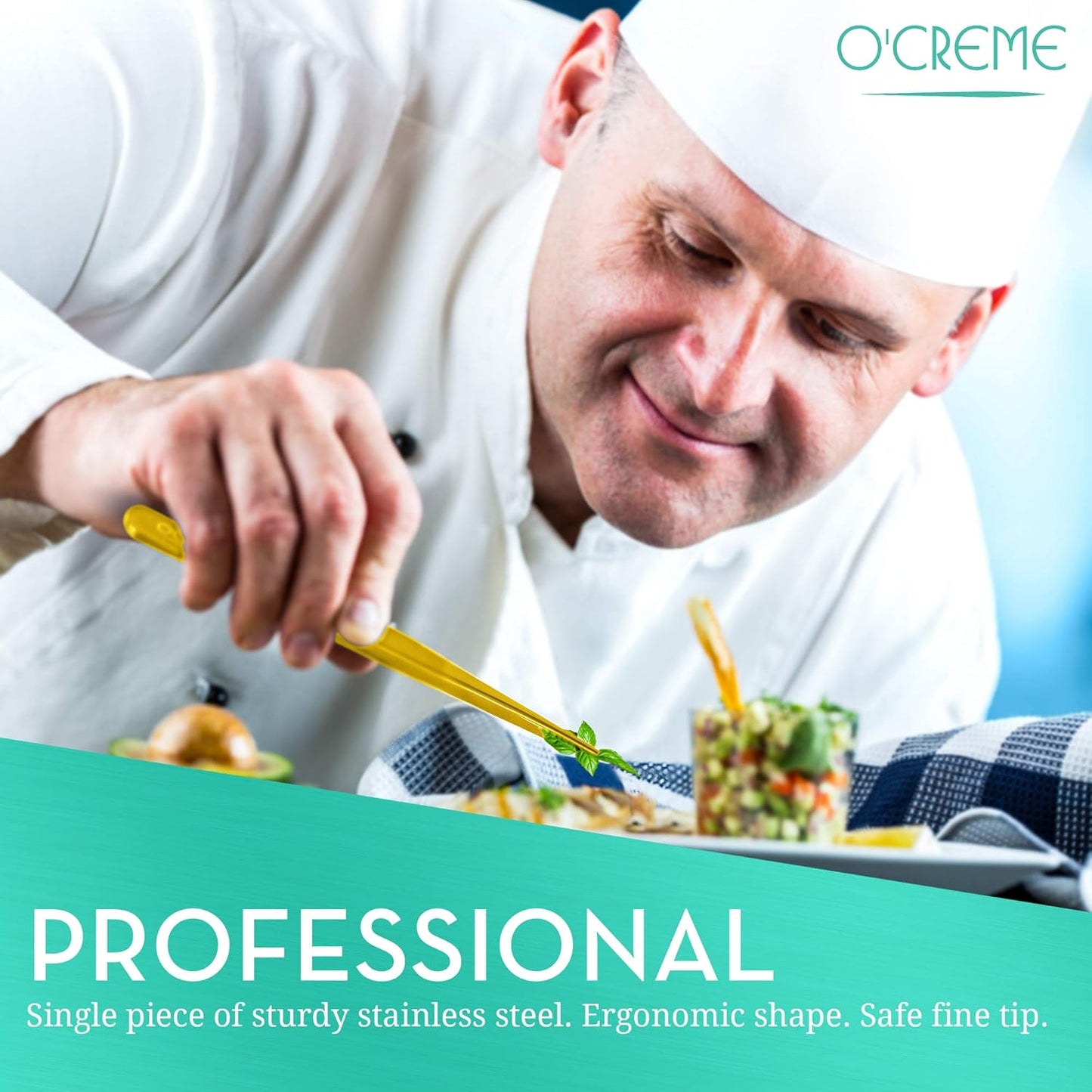 O'Creme Stainless Steel Precision Kitchen Tweezer Tongs 6.25" with Fine Tip (Gold)