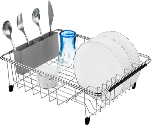 iPEGTOP Expandable Multifunctional Dish Drying Rack, Over The Sink, in Sink Or On Counter Dish Drainer Basket Organizer Shelf with Removable Grey Utensil Silverware Holder, Rustproof Stainless Steel