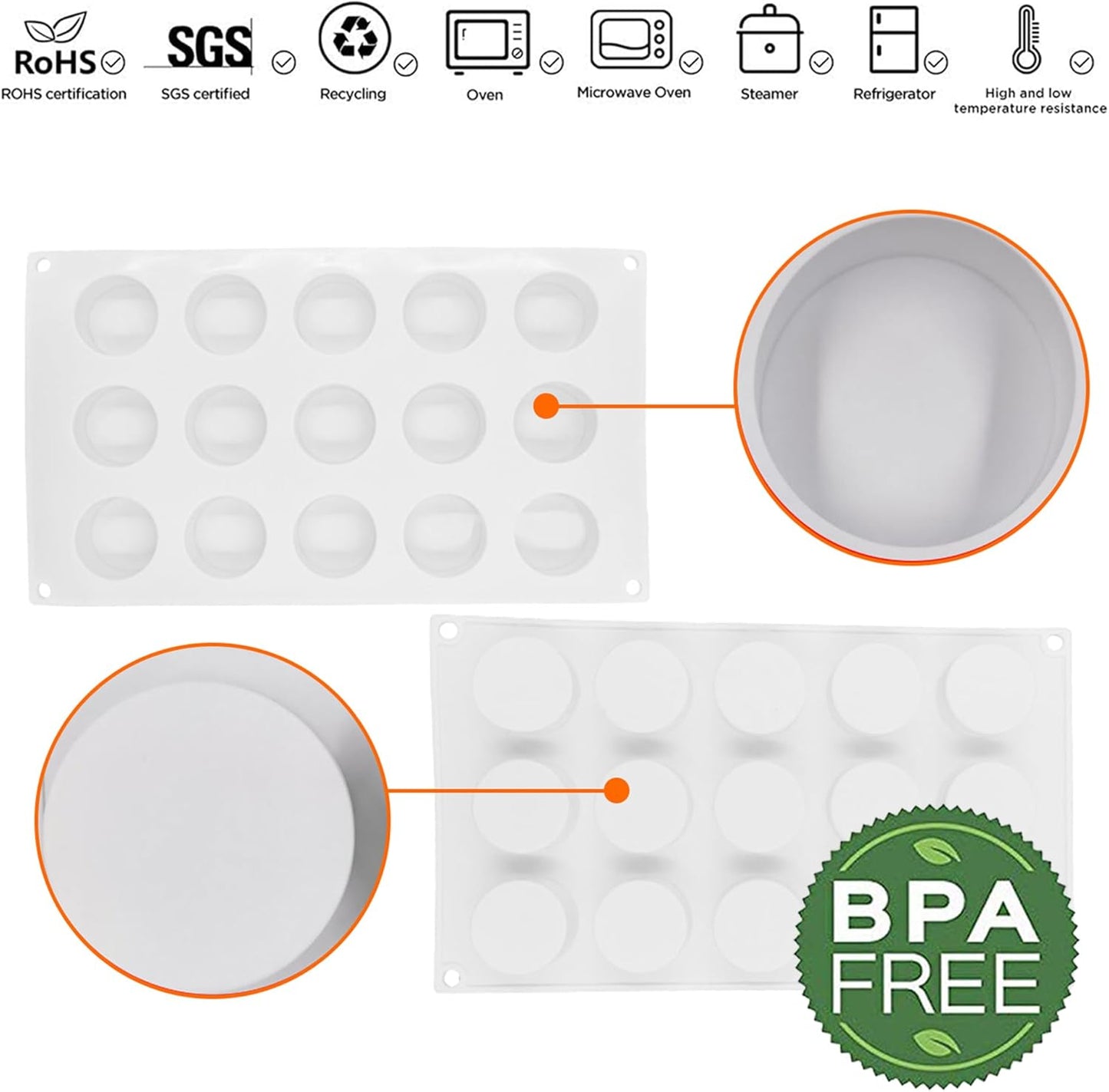 OCPO Kitchen 3D Round Cylinder Silicone Mold for Baking Mousse Cake, Candy, Pastry, Chocolate, Cupcake, Cookie, Cake Decoration Mold, Round Shape (15-Cavity)