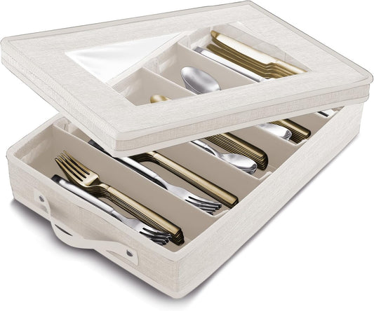 Flatware & Utensil Storage, Durable Silverware Storage Box with Padded Dividers, 5 Compartment Flatware Storage Case, Silverware Case with Handles, Protects and Organizes Cutlery, Cream
