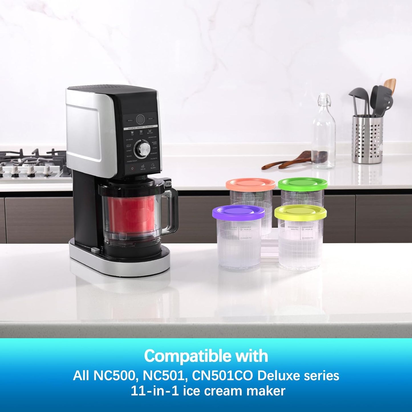 24OZ Containers Replacement for Ninja Creami Deluxe pints 4 Pack, Compatible with NC500 Series 11-in-1 Ice Cream Makers, Extra Delux Pint Containers, XL Family Size Cups,Dishwasher Safe, Leak Proof