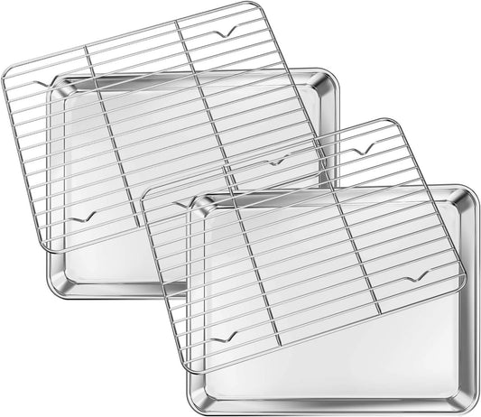Deedro Baking Sheet with Rack Set [2 Sheets + 2 Racks], Stainless Steel Cookie Half Sheets Baking Pan Oven Tray with Cooling Rack, 10 x 8 x 1 Inch, Heavy Duty, Non-toxic, Easy Clean