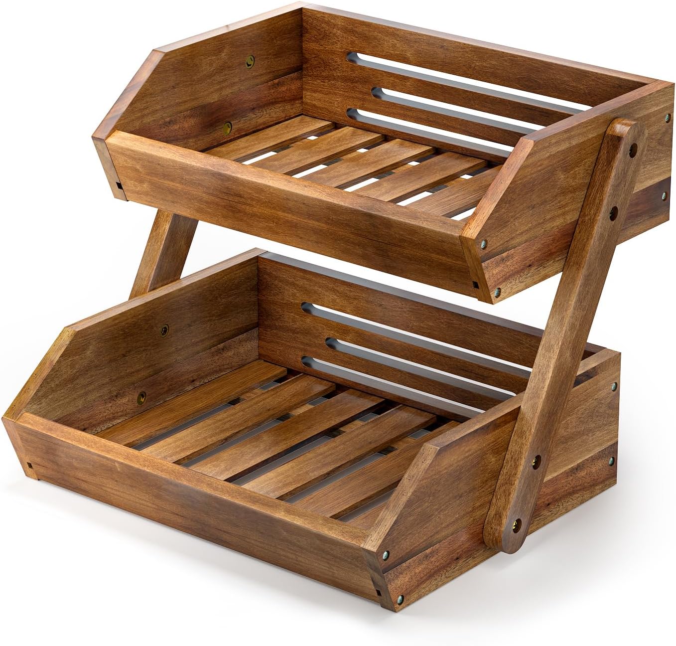 G.a HOMEFAVOR Fruit Basket: 2-Tier Acacia Wood Fruit Bowl for Kitchen, Fruit Stand Storage Holder for Vegetables and Snack Home Kitchen Countertop Organizer (Self-assembly)