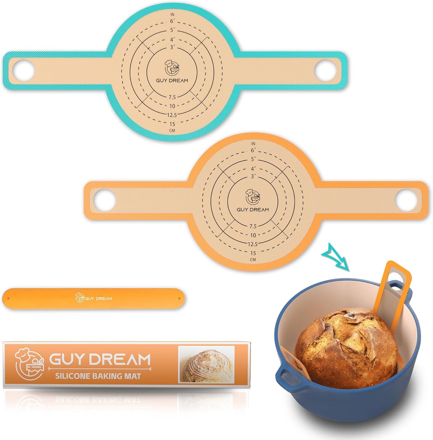GUYDREMAT Bread Sling - Perfect Silicone Baking Mat for Sourdough Bread Baking – Superior Cast in Iron Dutch Oven Liner, 2 Pieces with Storage Band in GUY DREAM Classic Pack