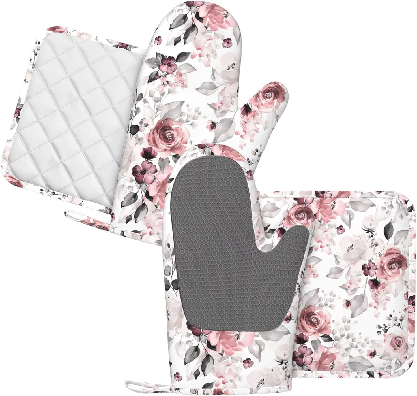 Tea Rose Oven Mitts and Pot Holders Set of 4 Silicone Watercolor Flowers Kitchen Mitten Gloves and Non-Slip Potholders Set Heat Resistant Oven Gloves Hot Holders for Kitchen