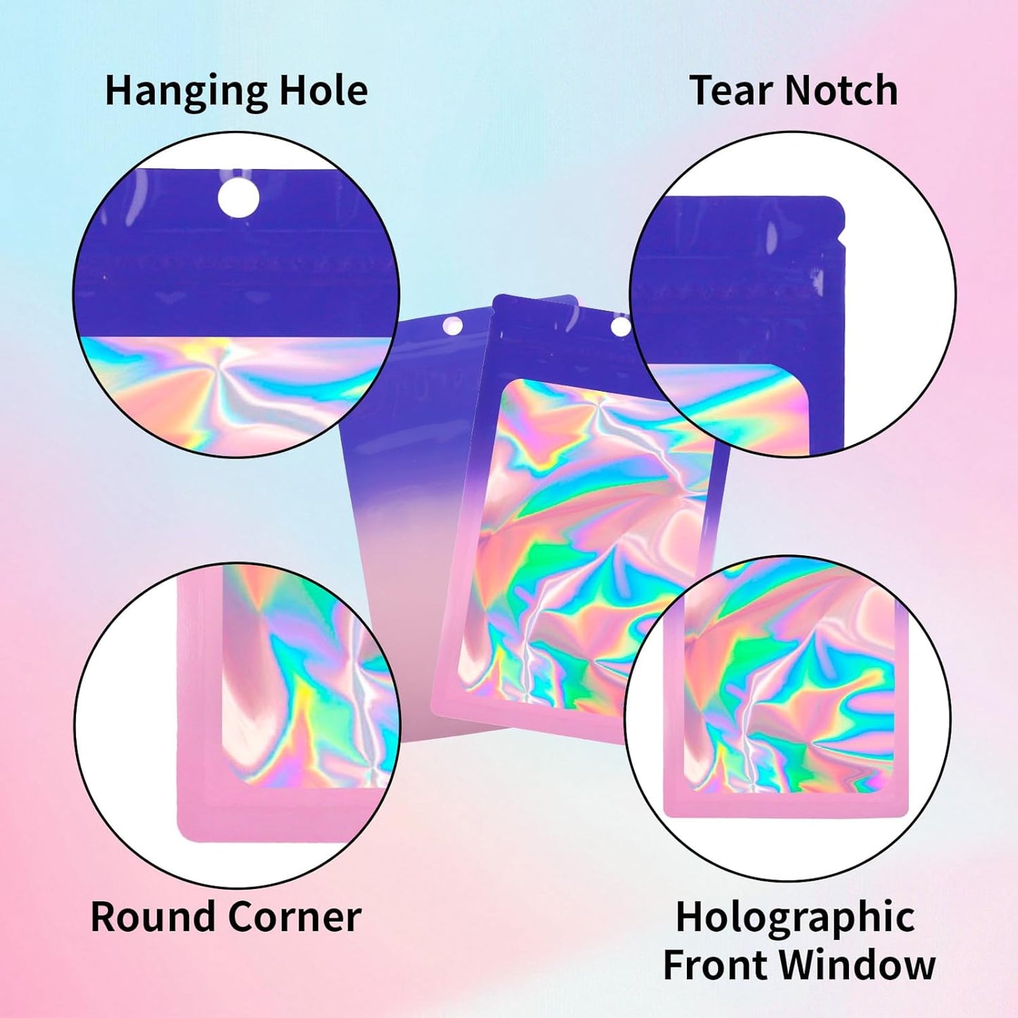 200 Pack Resealable Mylar Holographic Bags Food Storage Smell Proof Bags with Front Window Foil Packaging Pouch for Candy Sample Jewelry Small Business 4.13×5.91 Inch, Blue Fade Purple