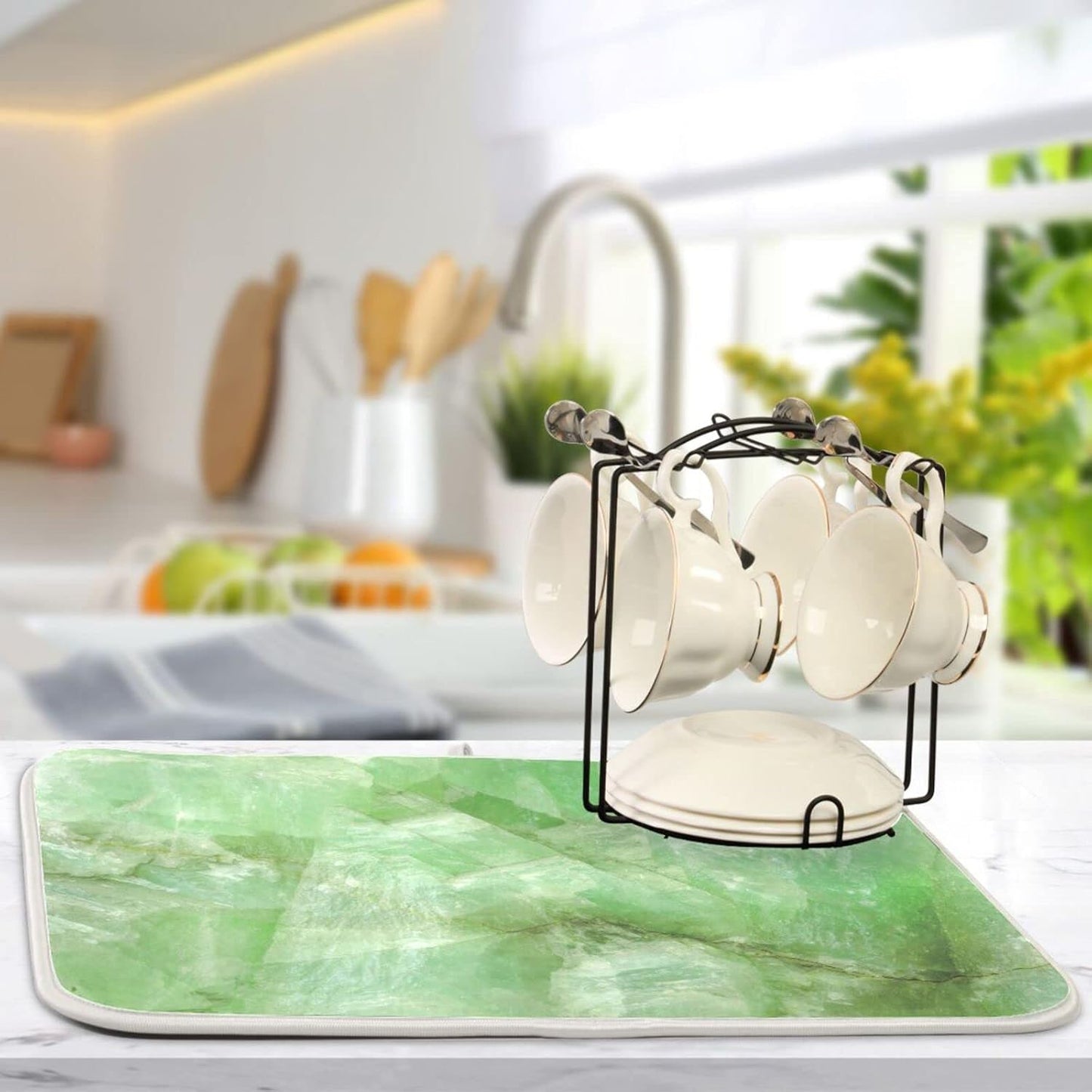 Super Absorbent Dish Drying Mat, Microfiber Fast-Drying Dish Mat, 16" x 18", Kitchen Dish Drying Pad, Green Jade Stone Marble