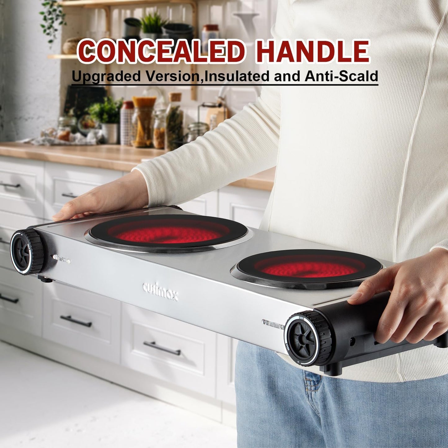 Cusimax Portable Electric Stove For Cooking With 1800w Power Temperature Control,Double Electric Hot Plate,Ceramic Glass Infrared Burner For All Cookware And Home, Dorm, Rv(Sliver)