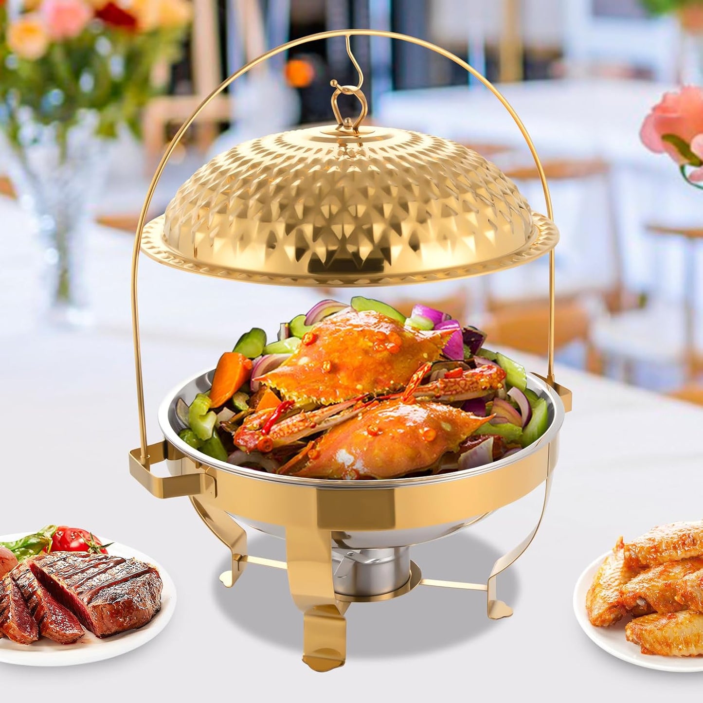 Chafing Dish Buffet Set, Stainless Steel Hanging Lid Dining Stove, Roll Top Chafing Dish Buffet Diamond-Shaped Lid and Round Stand for Buffet Restaurants and Banquets (Gold, 8L/8.5QT)