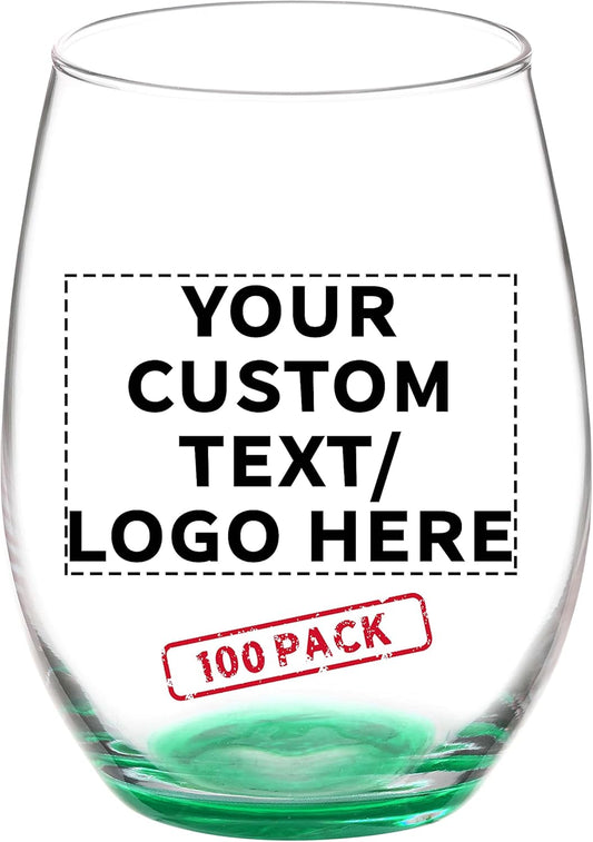 DISCOUNT PROMOS 100 ARC Stemless Wine Glasses Set, 21 oz. - Customizable Text, Logo - Chardonnay, Cabernet, Merlot, Sauvignon - Green