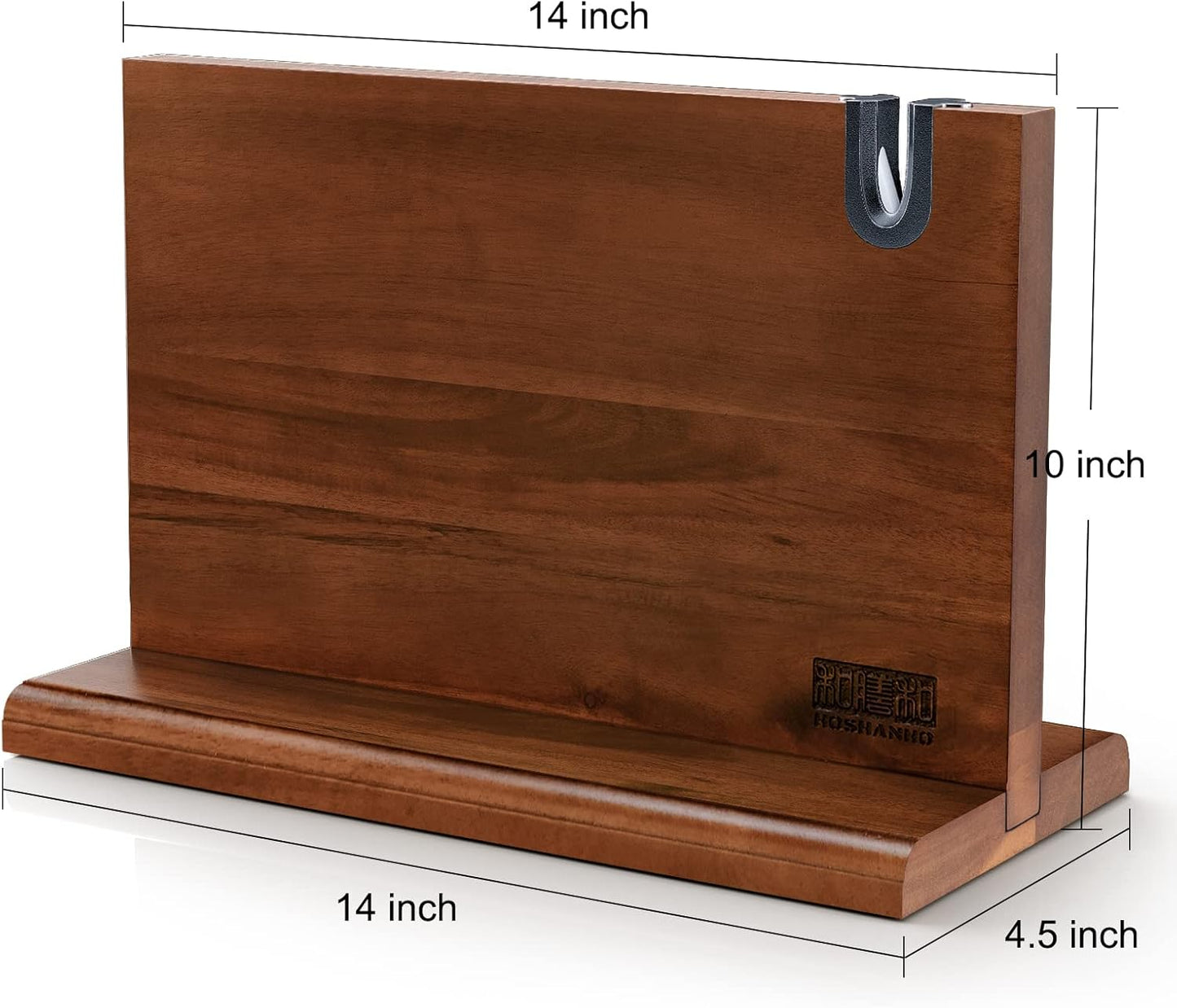 Magnetic Knife Block 14 x 10 Inches, Double Sided Magnetic Knife Holder Rack for Kitchen Counter, Acacia Wood Magnetic Knife Storage Stand with Knife Sharpener