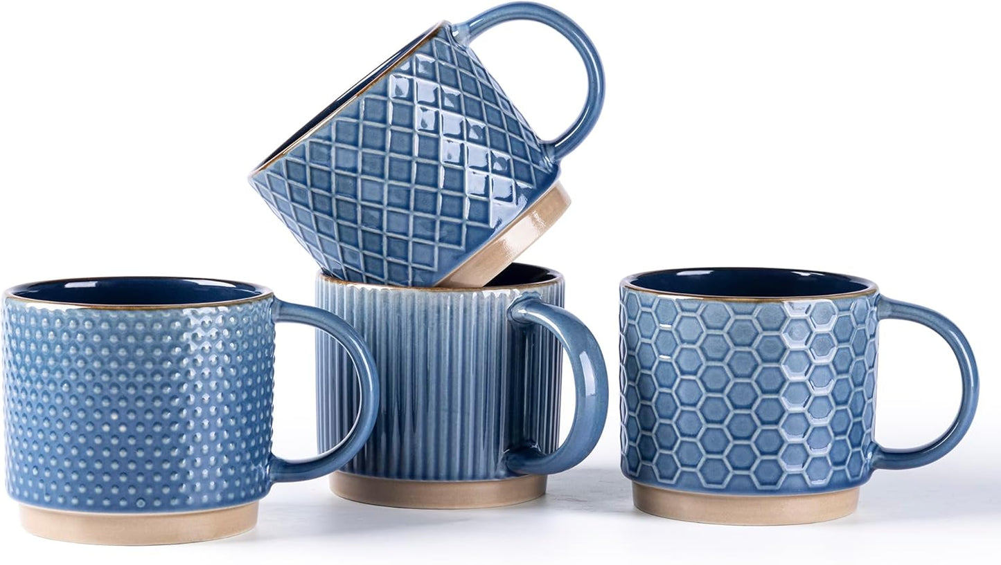 GBHOME 6 OZ Stackable Coffee Mugs, Ceramic Coffee Mugs with Texture Patterns for Man,Woman,Dad,Mom, Modern Coffee Cups Set of 4 for Espresso/Cappuccino/Cocoa. Dishwasher&Microwave Safe, Moonlight Blue