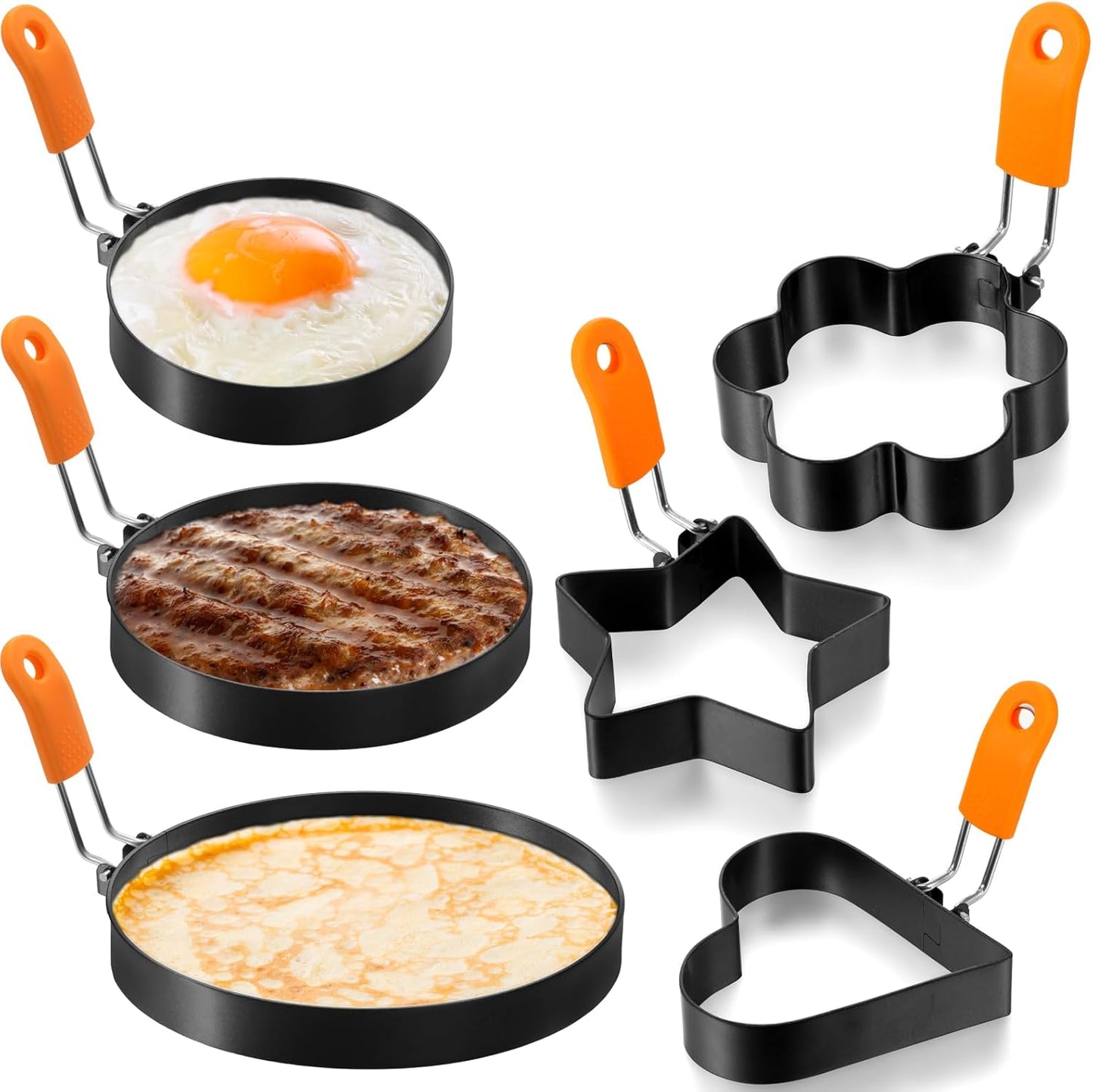 Patelai 6 Pcs Egg Ring Pancake Ring Set Stainless Steel Fried Egg Molds Griddle Pancake Shapers with Silicone Handle for Breakfast Omelette Sandwich(Assorted Style,4 Inch, 6 Inch, 8 Inch)