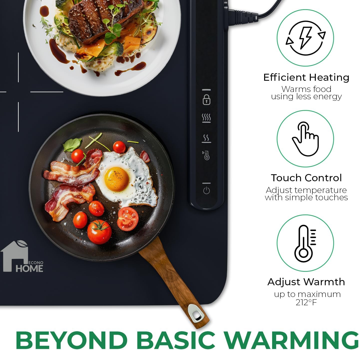 EconoHome Food Warming Mat - Electric Food Warmer - Fast Heating, 3 Heat Levels, Large Surface Area, Constant Temperature - Portable Silicone Warming Tray for Meals