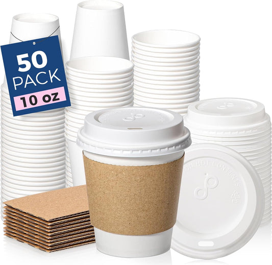 Fit Meal Prep 50 Pack 10 oz Disposable Coffee Cups with Lids, Sleeves, Leak-Proof To Go Coffee Cups with Lids, Durable Hot Paper Cups for Home, Office, Party, Business