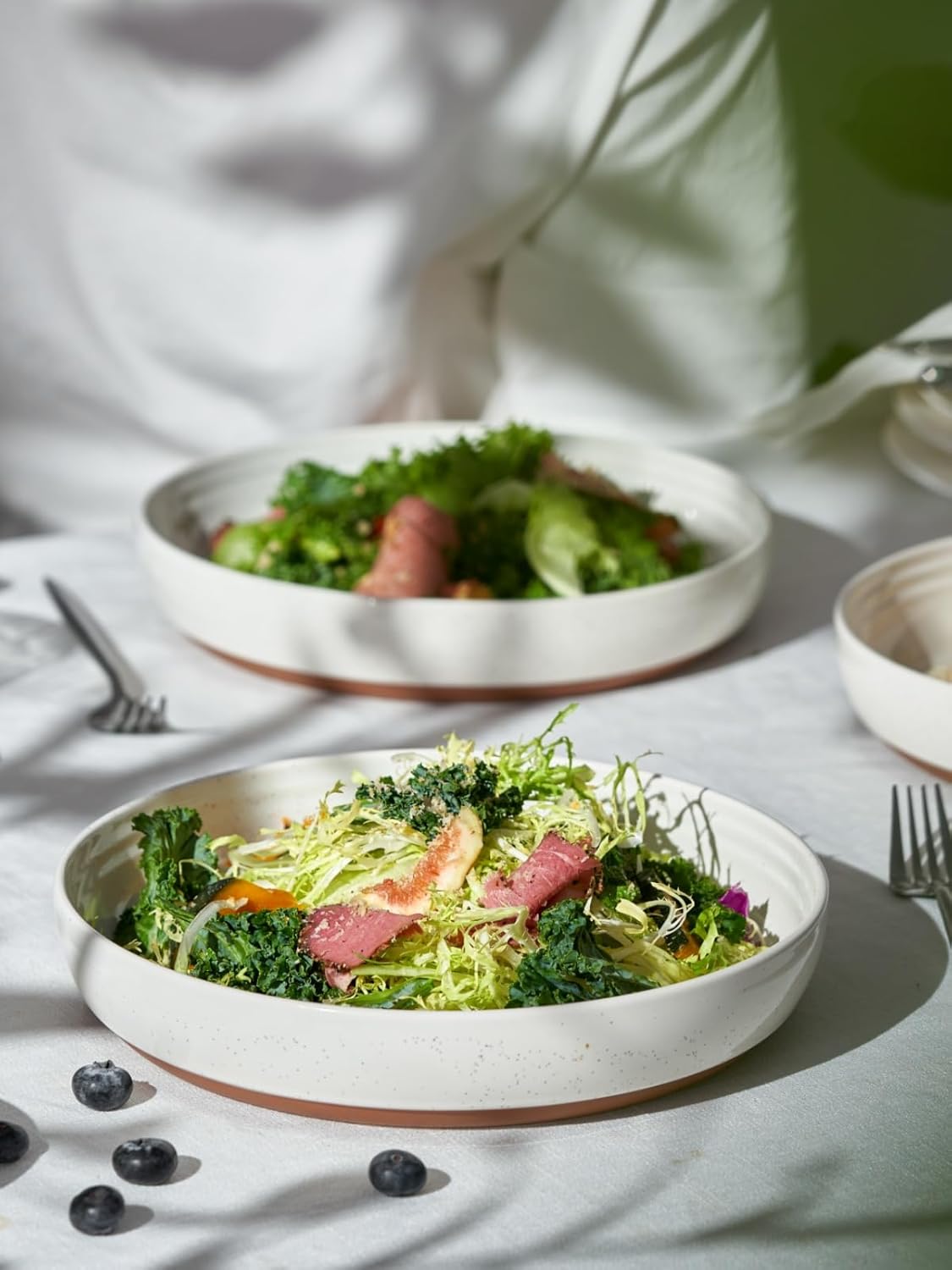 DOWAN 9.6" Ceramic Pasta Bowls Set of 4, Large Shallow White Dinner Bowls with Sesame Glaze Finish, Wide Bowl Plates for Pasta, Salad, Soup & Stew, Microwave & Dishwasher Safe, Housewarming Gift