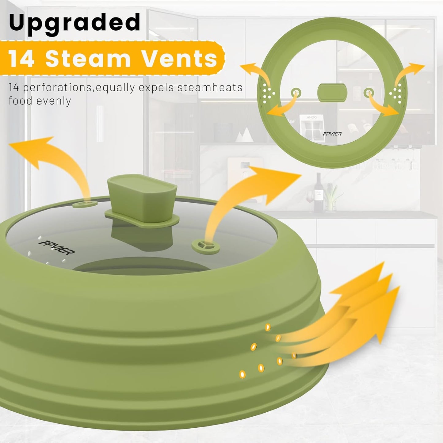 Microwave Splatter Cover, Vented Silicone and Glass Cover Splatter Guard Lid, Food Collapsible Plate Cover Lid with Easy Grip Handle. (Green, 9 inch)