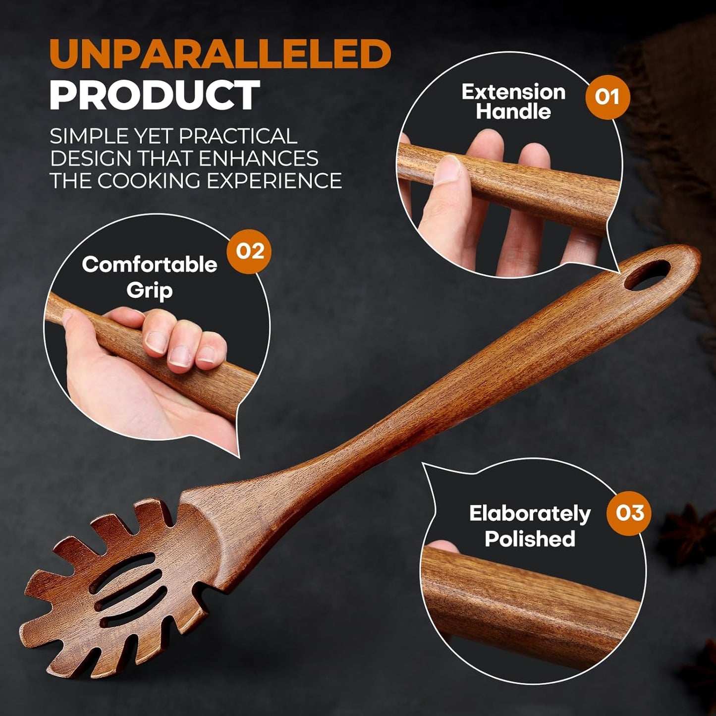 AIUHI Teak Wood Pasta Server, Wooden Spaghetti Noodle Spoon with Teech, Long Handle Spaghetti Fork and Scoop Set (2 Pcs)