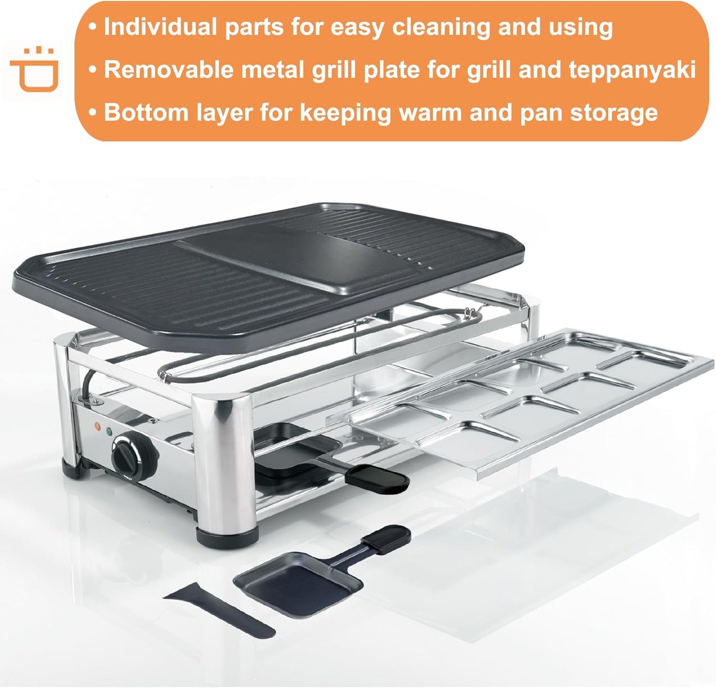 TAMARIT Raclette Cheese Table Grill Portable Electric Indoor Korean BBQ Grill 1400 W Raclette Party Grill with Iron Nonstick Extra Large Grill Plate Raclette Grill for Home Party, Stainless Steel