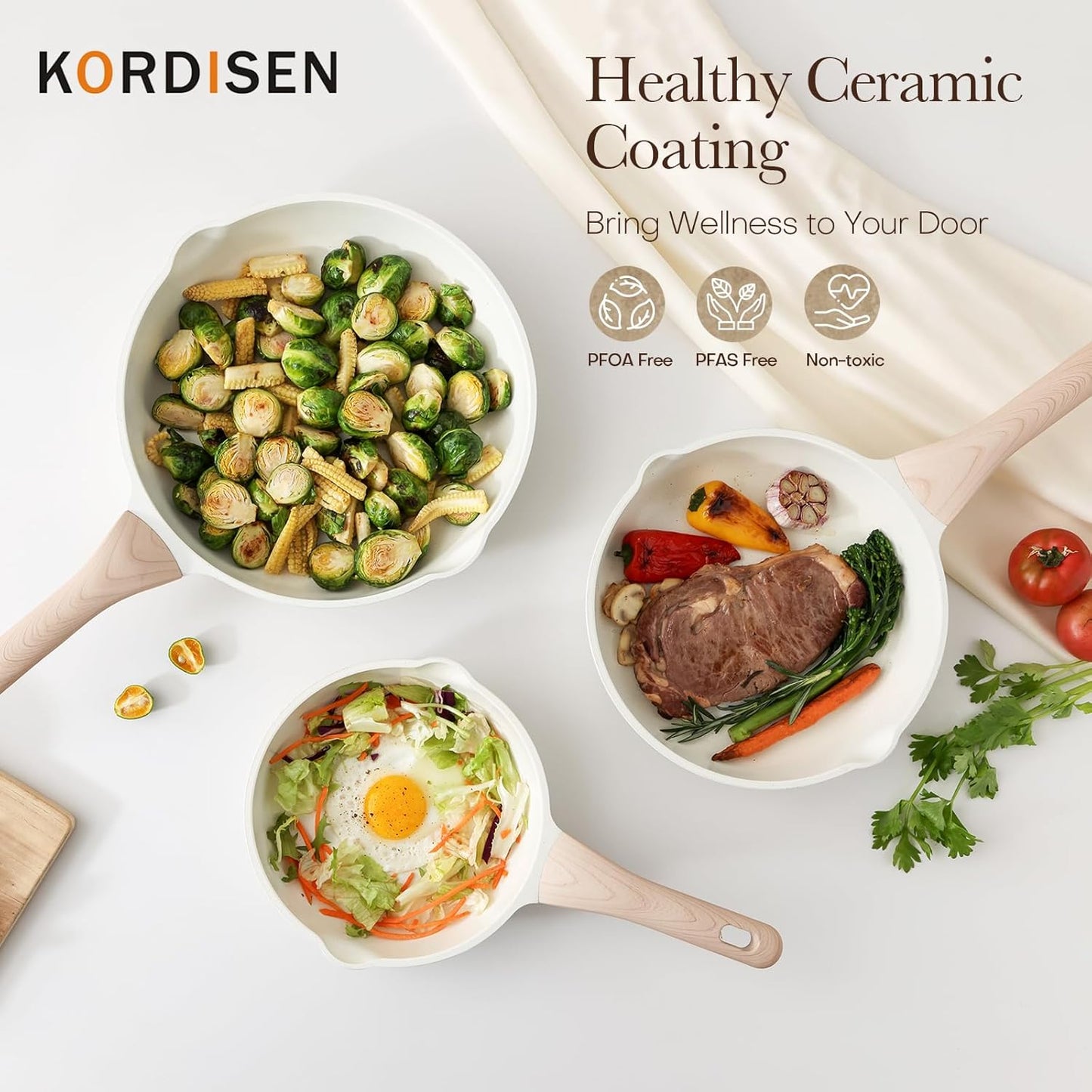 Ceramic Nonstick Frying Pan Skillet Set with Lid, 3 Piece Ceramic Pans for Cooking Non Toxic, Healthy Induction Cookware, Stay-Cool Handle, PFOA & PFAS Free (8 Inch, 9.5 Inch, 11 Inch)