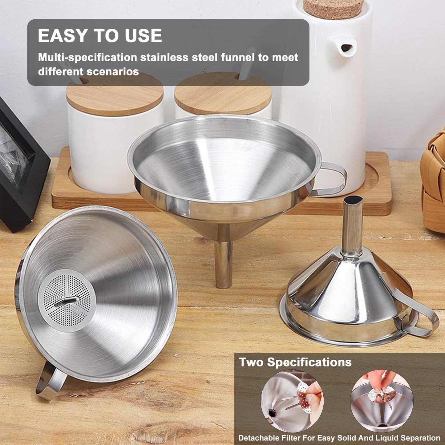 Stainless Steel Funnels for Kitchen use,3PCS Large Kitchen Metal Funnel with 2 Removable Strainer,Cleaning Brush,200 Mesh Food Filter,Funnel for Filling Bottles,for Transferring of Liquid,Oils,Jam