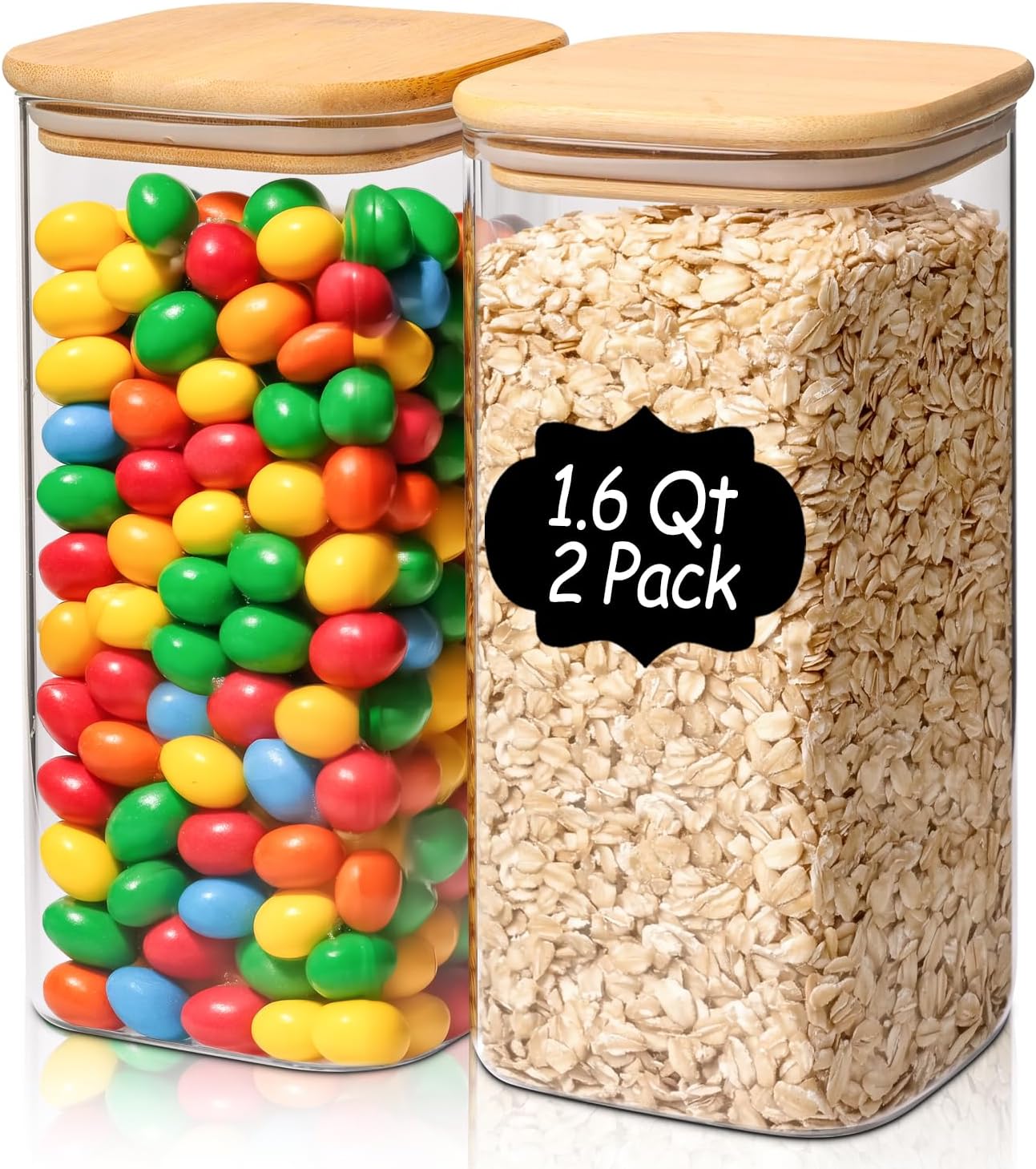 Airtight Glass Storage Canister with Lids, Kitchen Pantry Storage Jar with Labels, Food Storage Container for Sugar Tea Coffee Beans Snacks (2 pack 1.6qt)