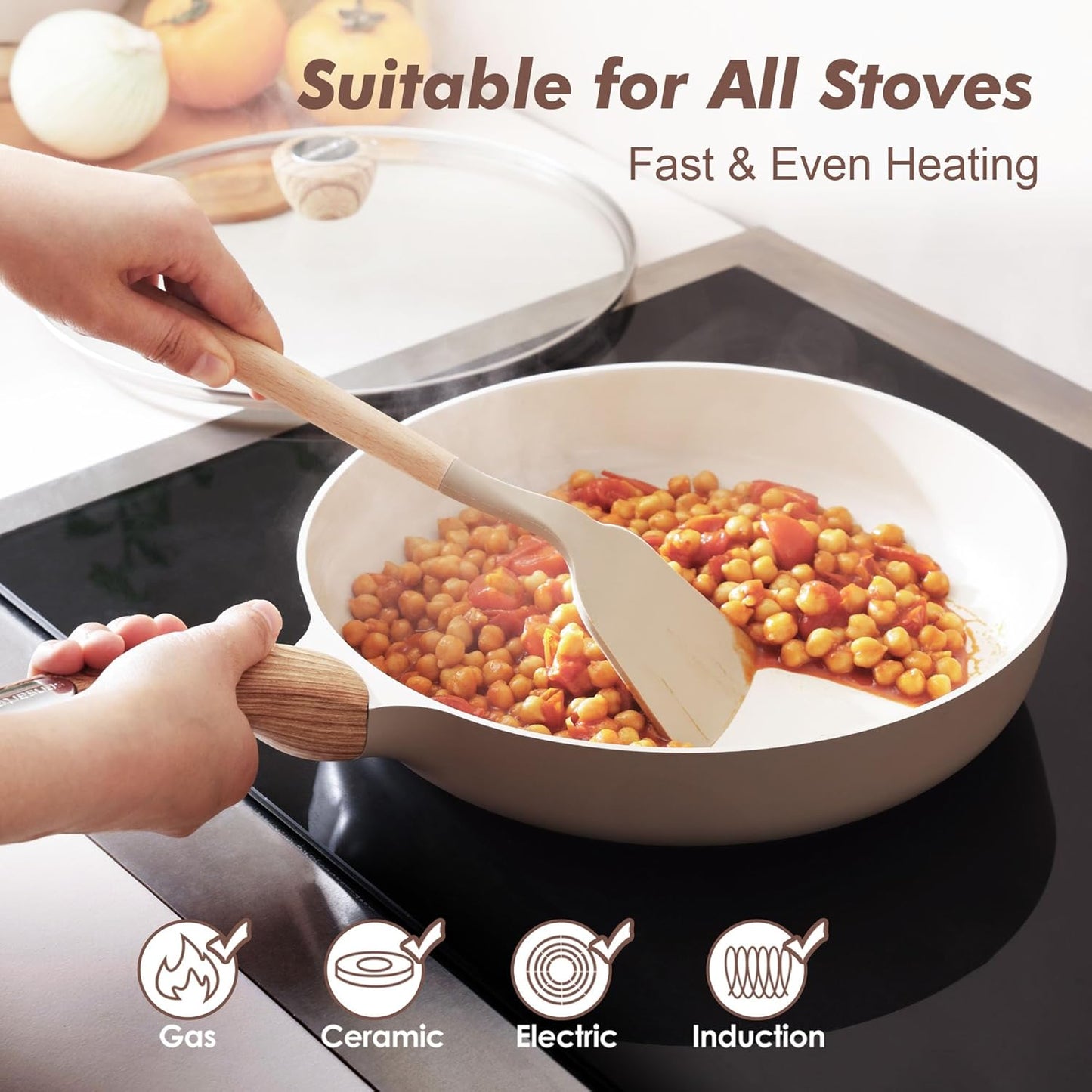 SENSARTE Ceramic Nonstick Frying Pan Skillet with Lid 8inch Non Stick Pan Omelet Pans, Non-toxic Healthy Kitchen Cooking Chef's Pan, Free of Intentionally Added PFAS/PTFE, Induction Compatible, Taupe