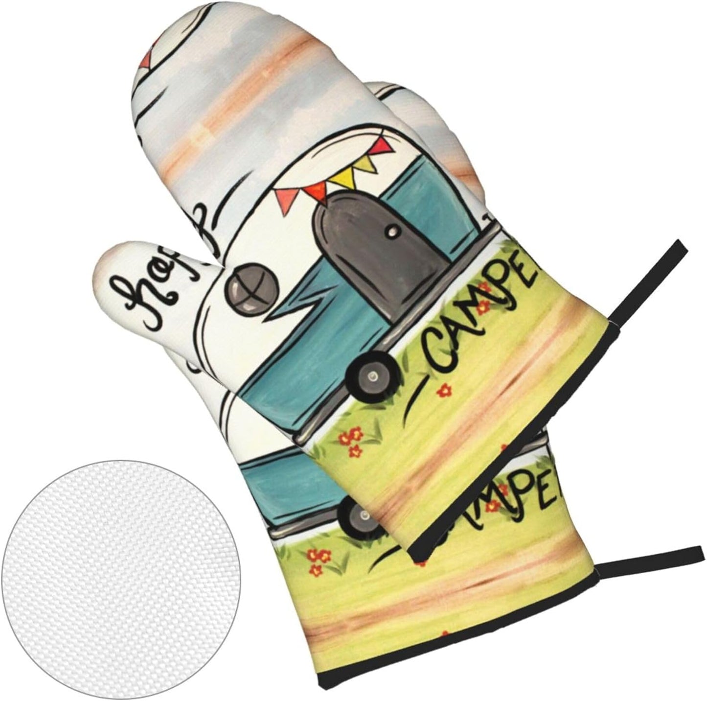 Happy Camper Oven Mitts and Pot Holders Sets of 4,Resistant Hot Pads with Polyester Non-Slip BBQ Gloves for Kitchen,Cooking,Baking,Grilling