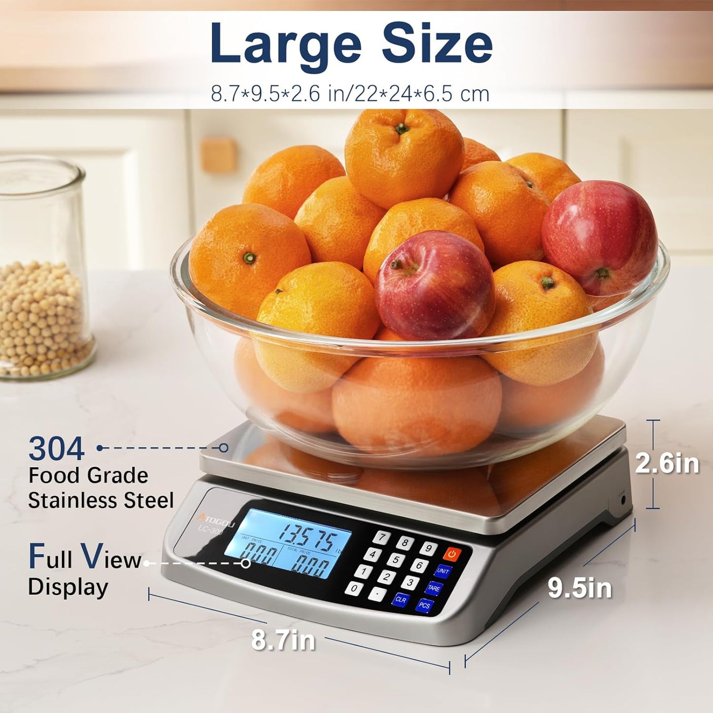 66lb Food Scale, Commercial Kitchen Scale with Price Computing, Plug-in Usable, 0.05oz/1g, 304 Stainless Steel, for Cooking, Vegetables, Farm, Industry, Counting. LC300 Grey
