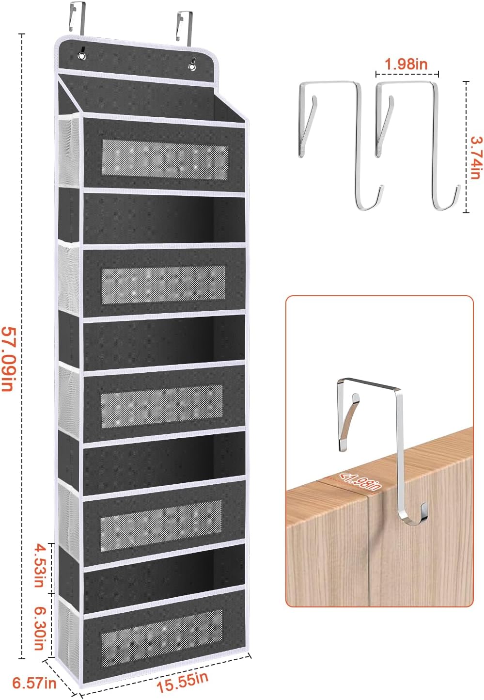 Upgrade Pocket Over The Door Organizer Storage, 5 Shelf Hanging Door Organizers with 10 Large Capacity Pockets, Anti Tilt 48 lb Load Behind Door Organizer for Bedroom, Bathroom, Pantry