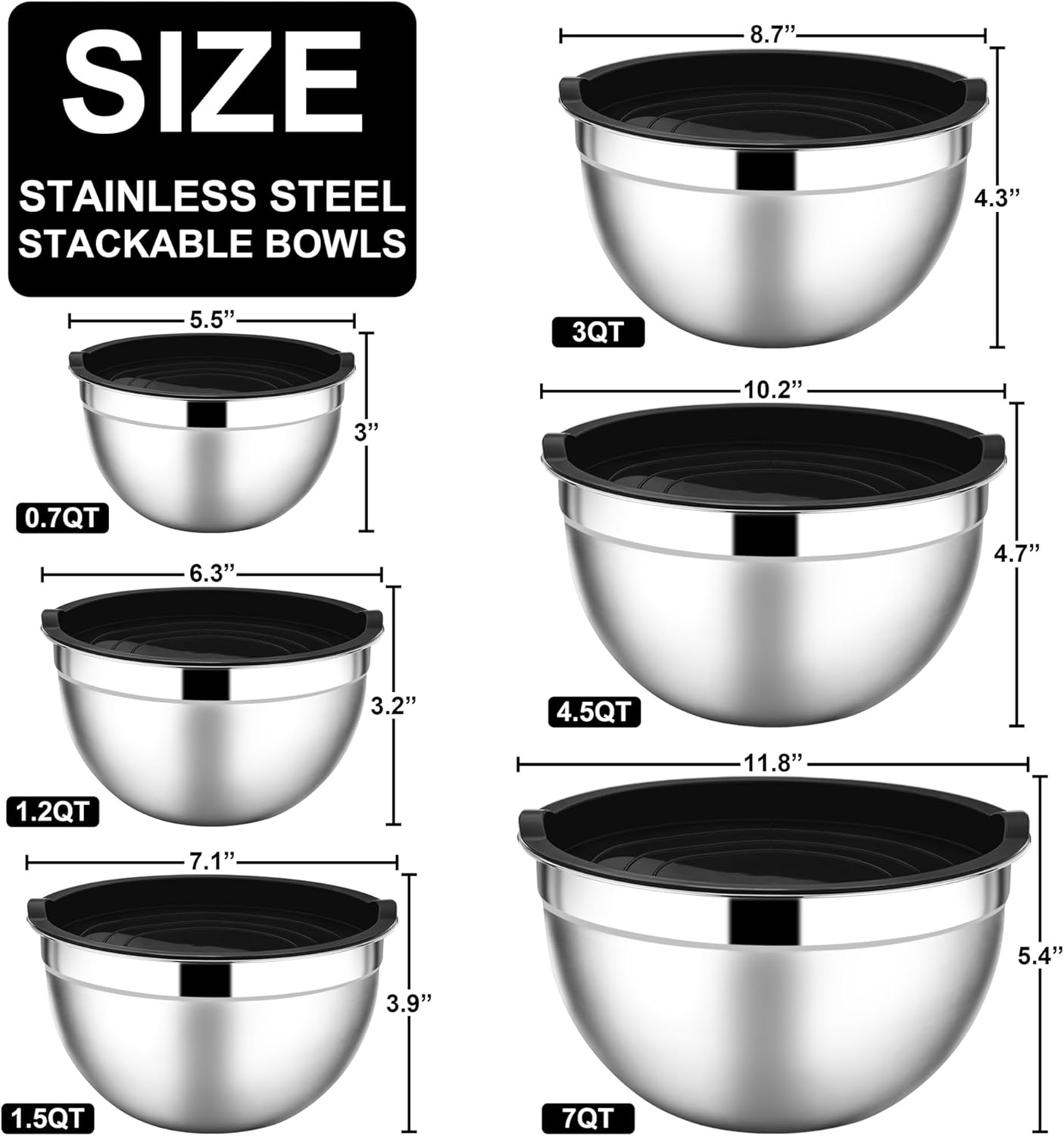 E-far Mixing Bowls with Lids, 12-Piece Stainless Steel Salad Bowls Metal Nesting Bowls for Baking Cooking and Prepping, Airtight Lids & Stackable Design, Size 7, 4.5, 3, 1.5, 1.2, 0.7 QT (Black)