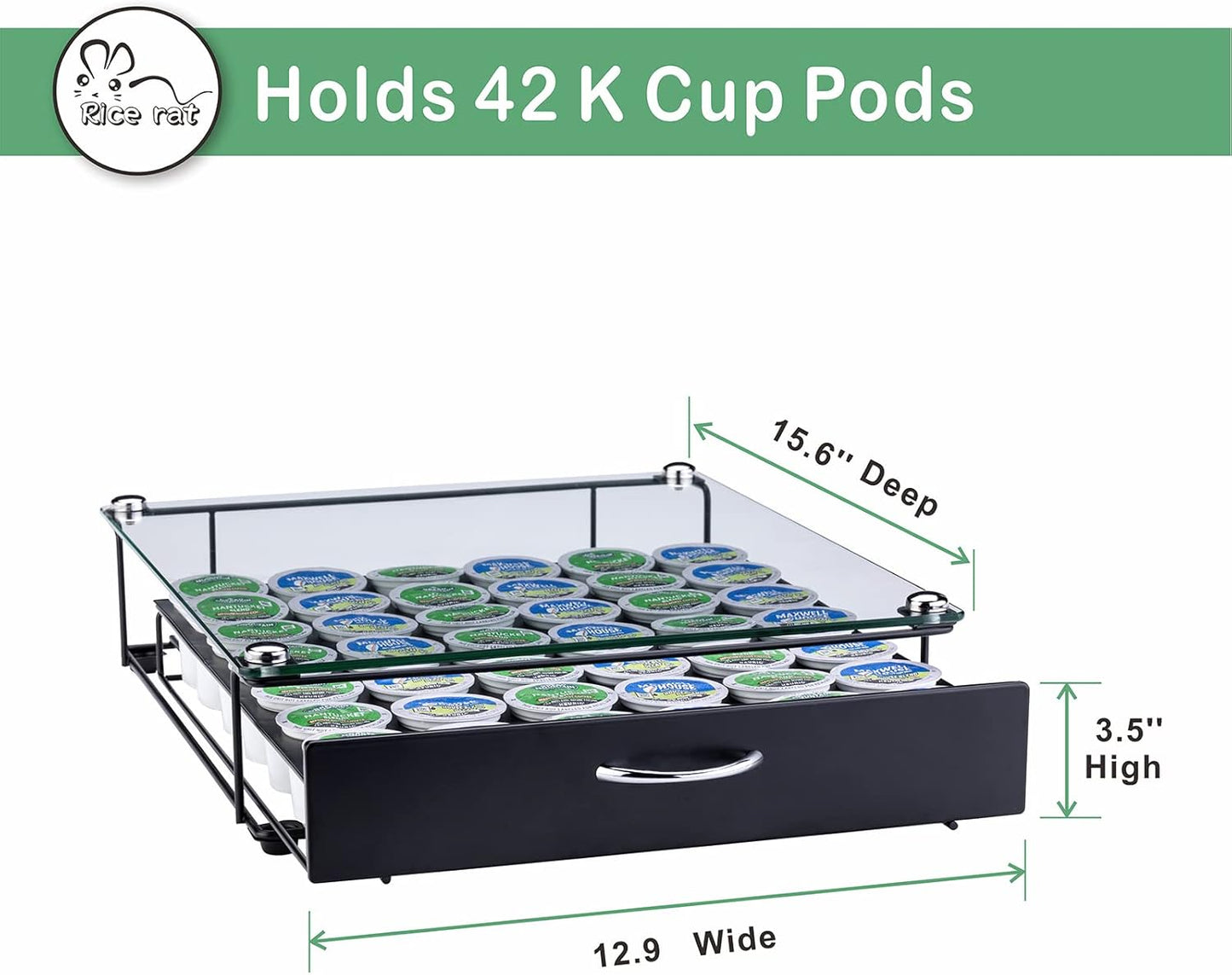 Rice rat Coffee Pod Holder for Keurig Pods Glass Top Drawer,K cup Holder Capsule Display Storage compatibility 42 k-cup(Black)
