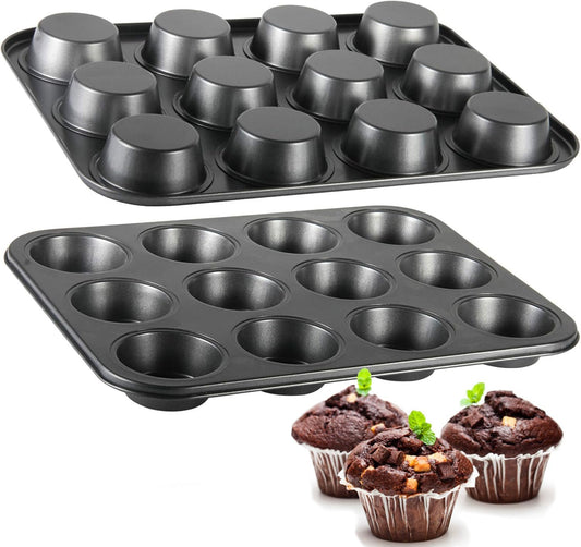 Muffin Tin, 12-Well Nonstick Cupcake Pan Set of 2, Heavy Duty Steel Muffin Pan
