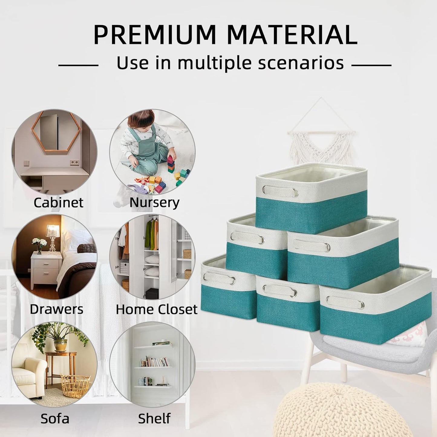 HNZIGE Small Closet Storage Baskets for Storage,Rectangular Storage Baskets Bins for Nursery,Gifts Empty Baskets for Organizing Shelves,Baby,Toy,Home(White&Teal,11.8" x 7.8" x 5.1")