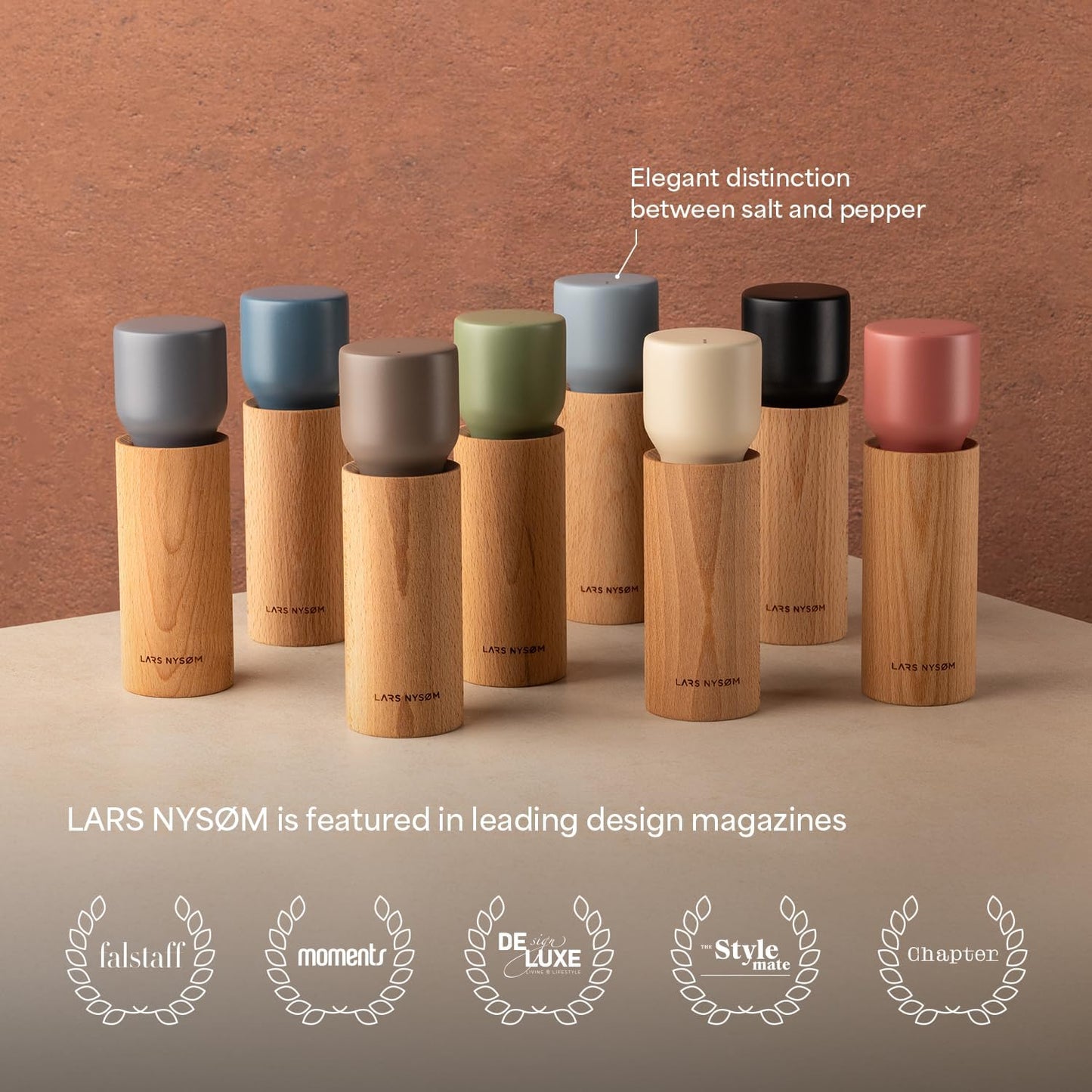 LARS NYSØM Wooden Salt and Pepper Grinder Set Manual with Tray - Salt and Pepper Mills with Adjustable Ceramic Grinder - Elegant Beechwood Pepper and Salt Mill Set for Dining Table (Almond Beige)
