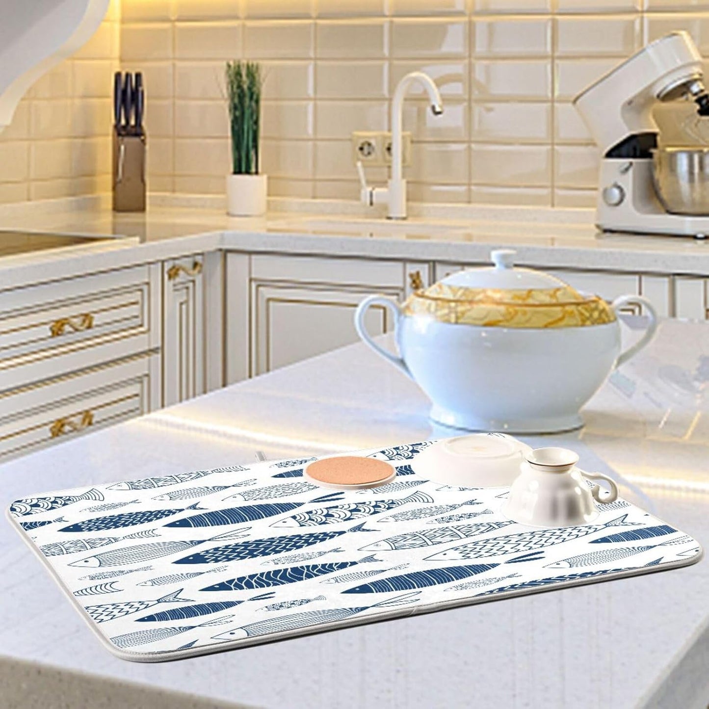 Cartoon Fish Dish Drying Mat for Kitchen Counter Absorbent Microfiber Drying Pad, Large 18x24 in, Reversible Drainer Mats