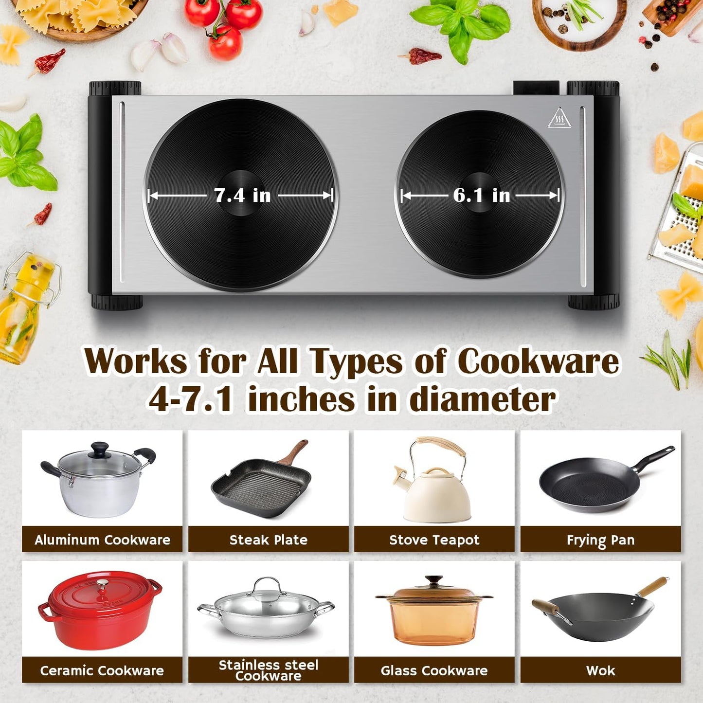 Cusimax Hot Plate,1800W Portable Electric Countertop Double Burner,Cast Iron Stove, Concealed Handle,Temperature Controls, Compatible for All Cookwares,Easy Clean, Upgraded Version(Sliver)