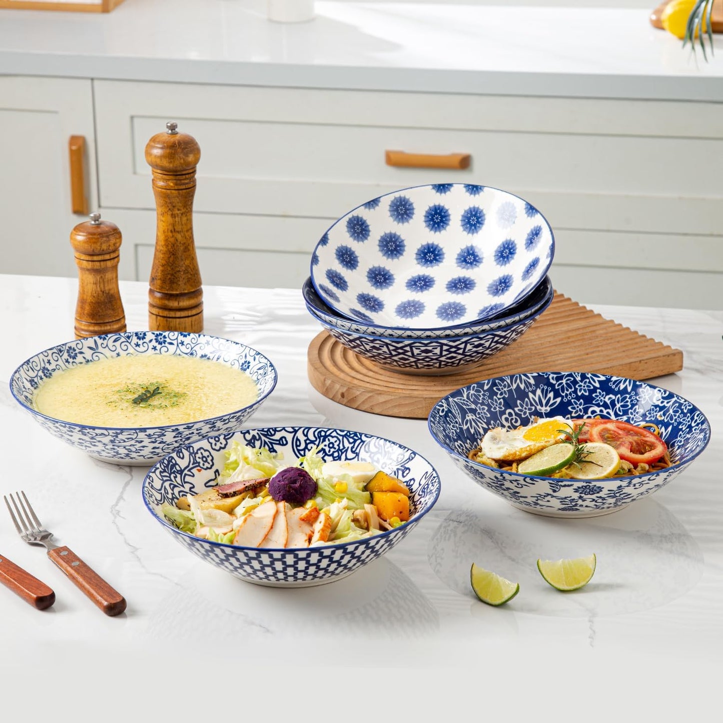 Ceramic Pasta Bowls Set - 40 Oz Porcelain Large Salad Bowls Serving - 9 Inch Wide Shallow Plate Bowls for Eating - Housewarming Wedding Gift - Oven Dishwasher Safe - Set of 6 - Vintage Blue